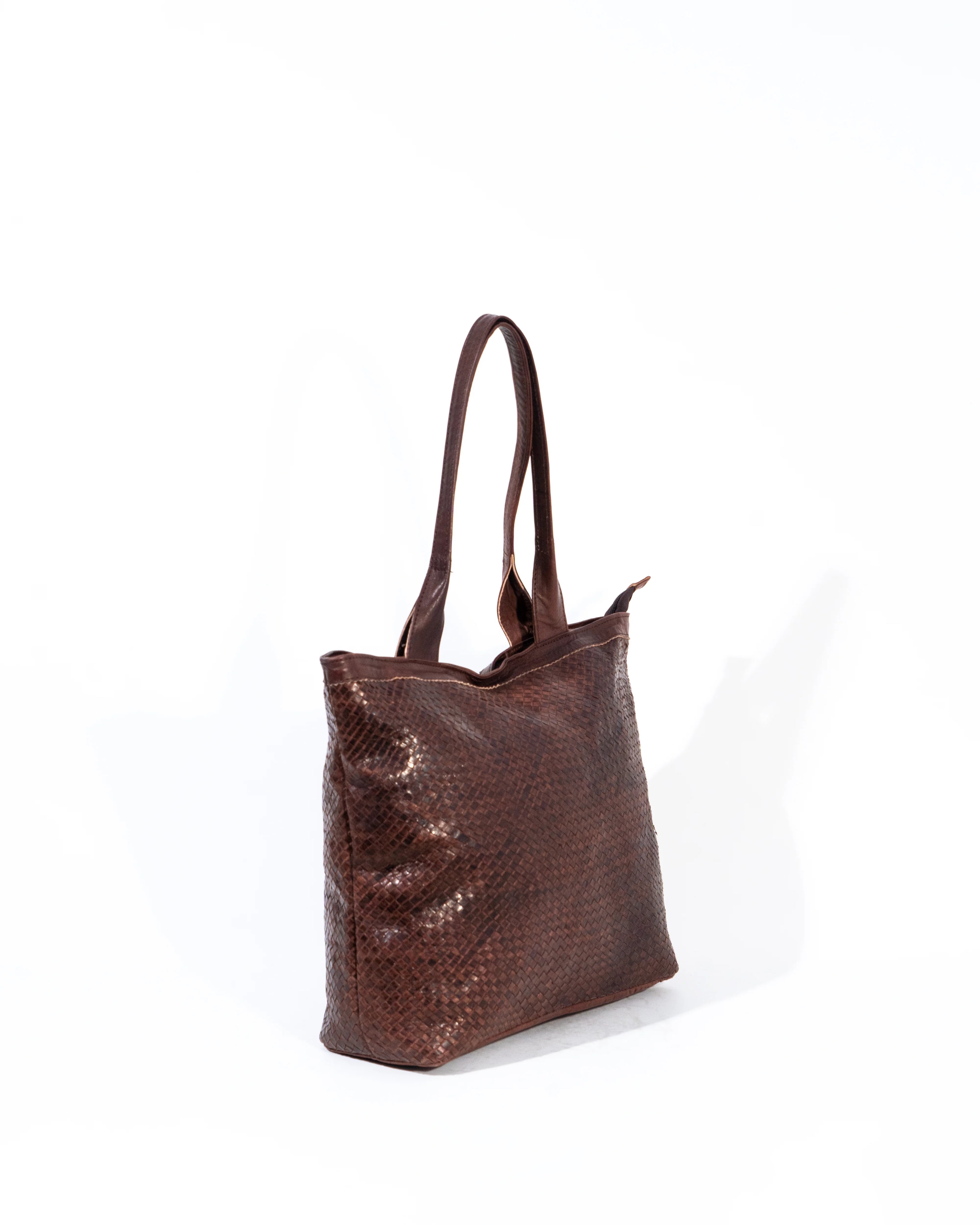 Brown Leather Woven Tote Bag