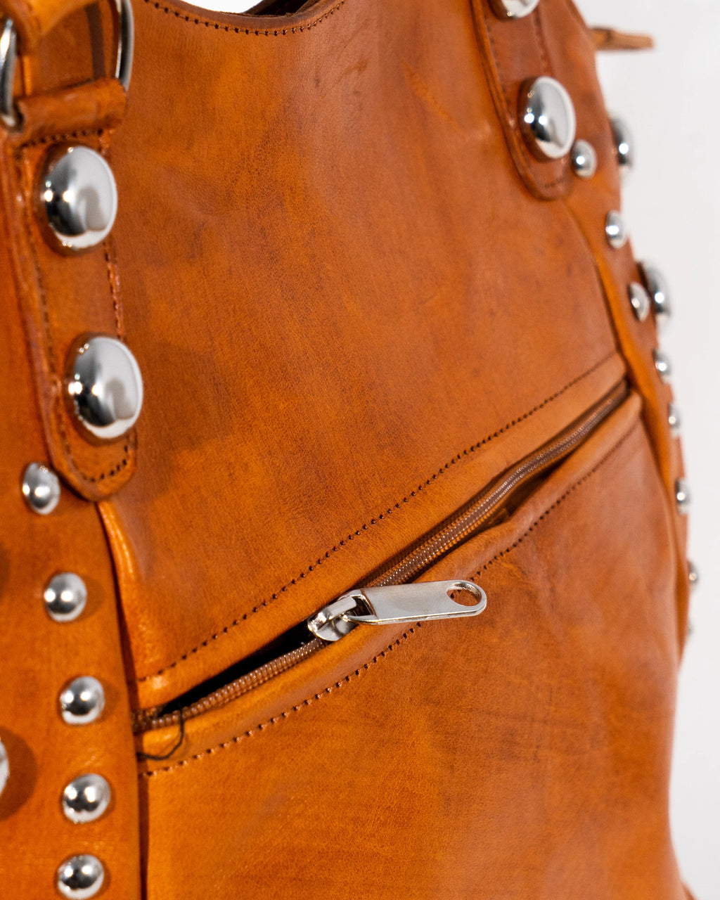 Tan Leather Studded Tote Bag