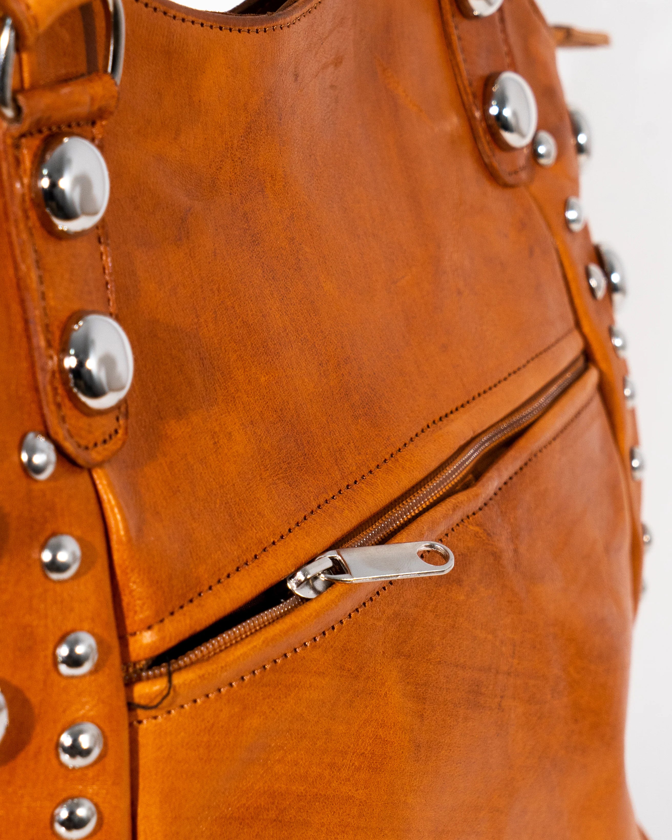 Tan Leather Studded Tote Bag