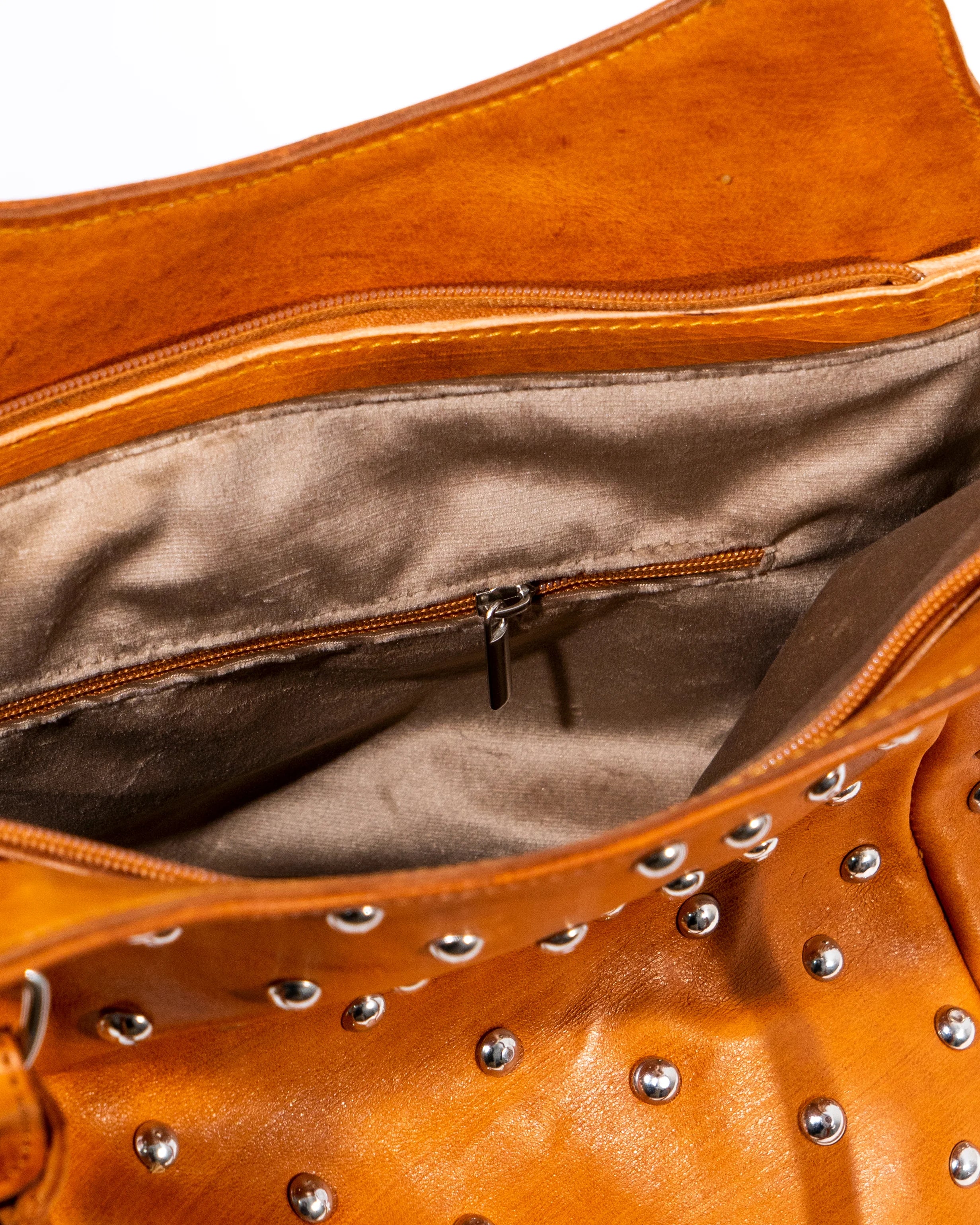 Tan Leather Studded Tote Bag