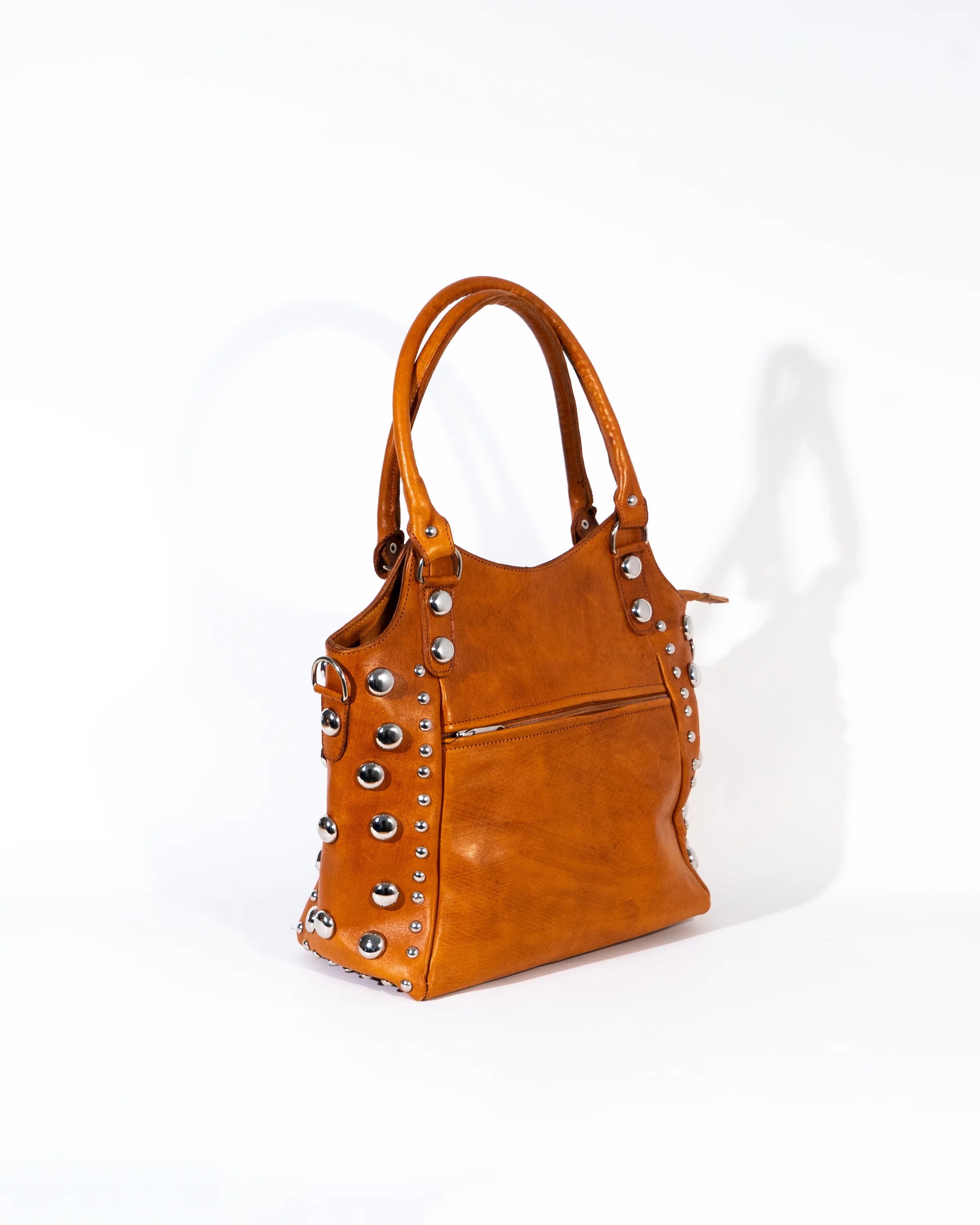 Tan Leather Studded Tote Bag