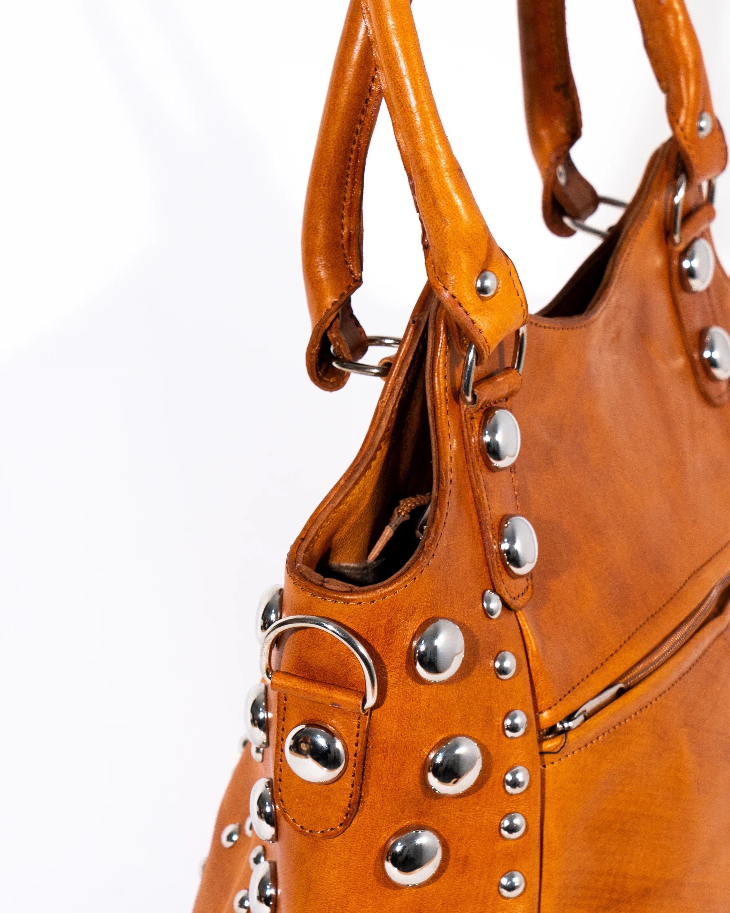 Tan Leather Studded Tote Bag