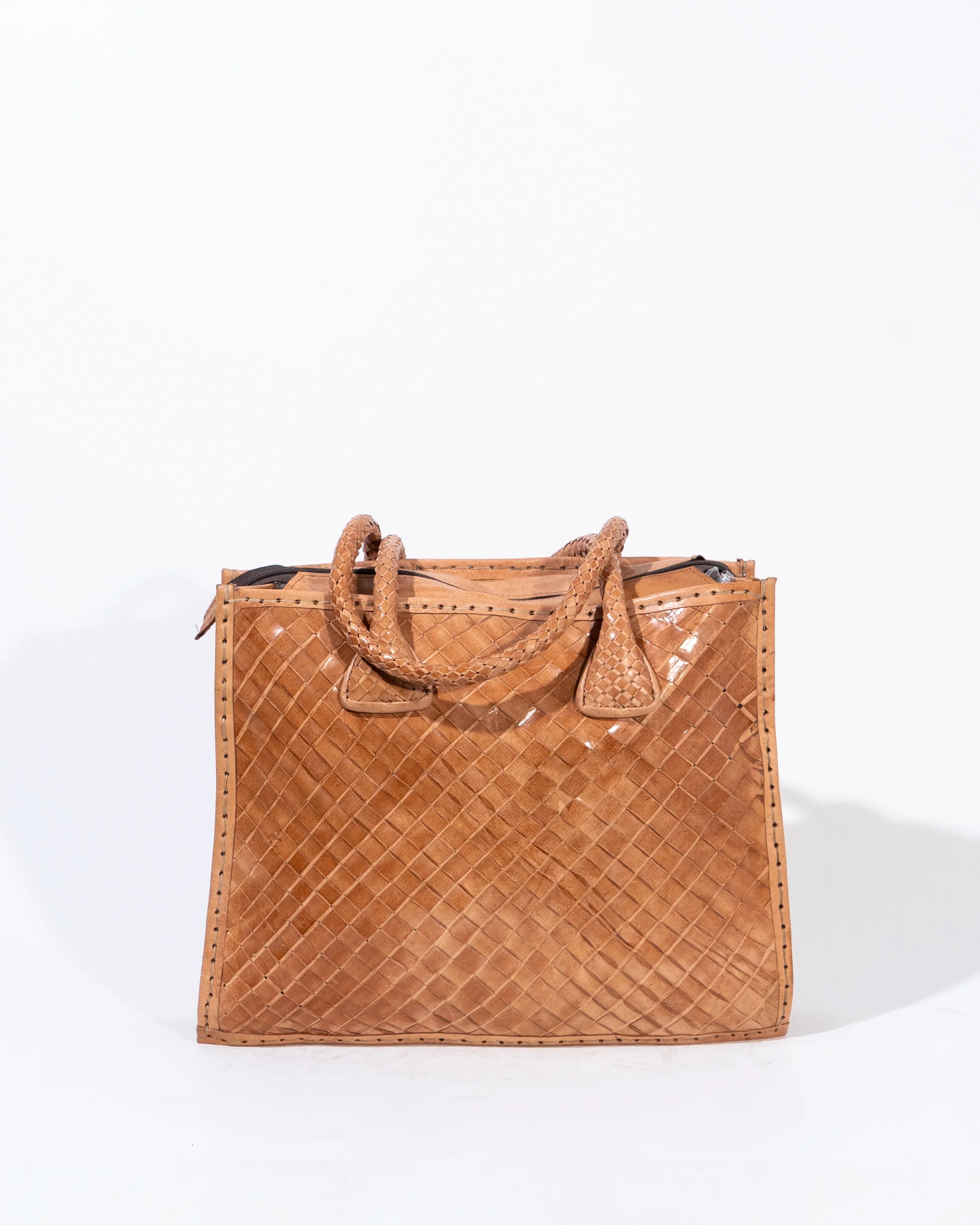 Tan Leather Woven Tote Bag