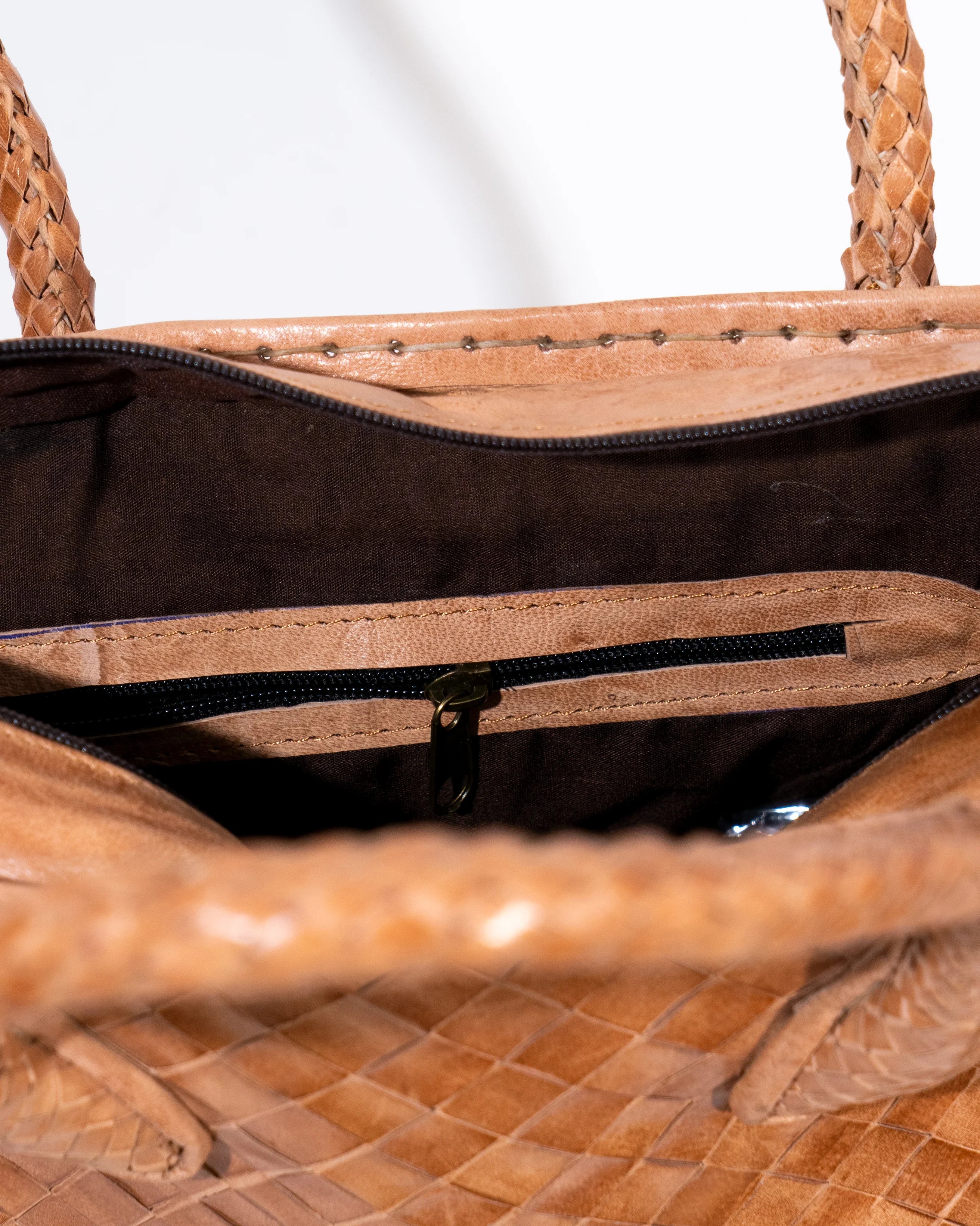 Tan Leather Woven Tote Bag