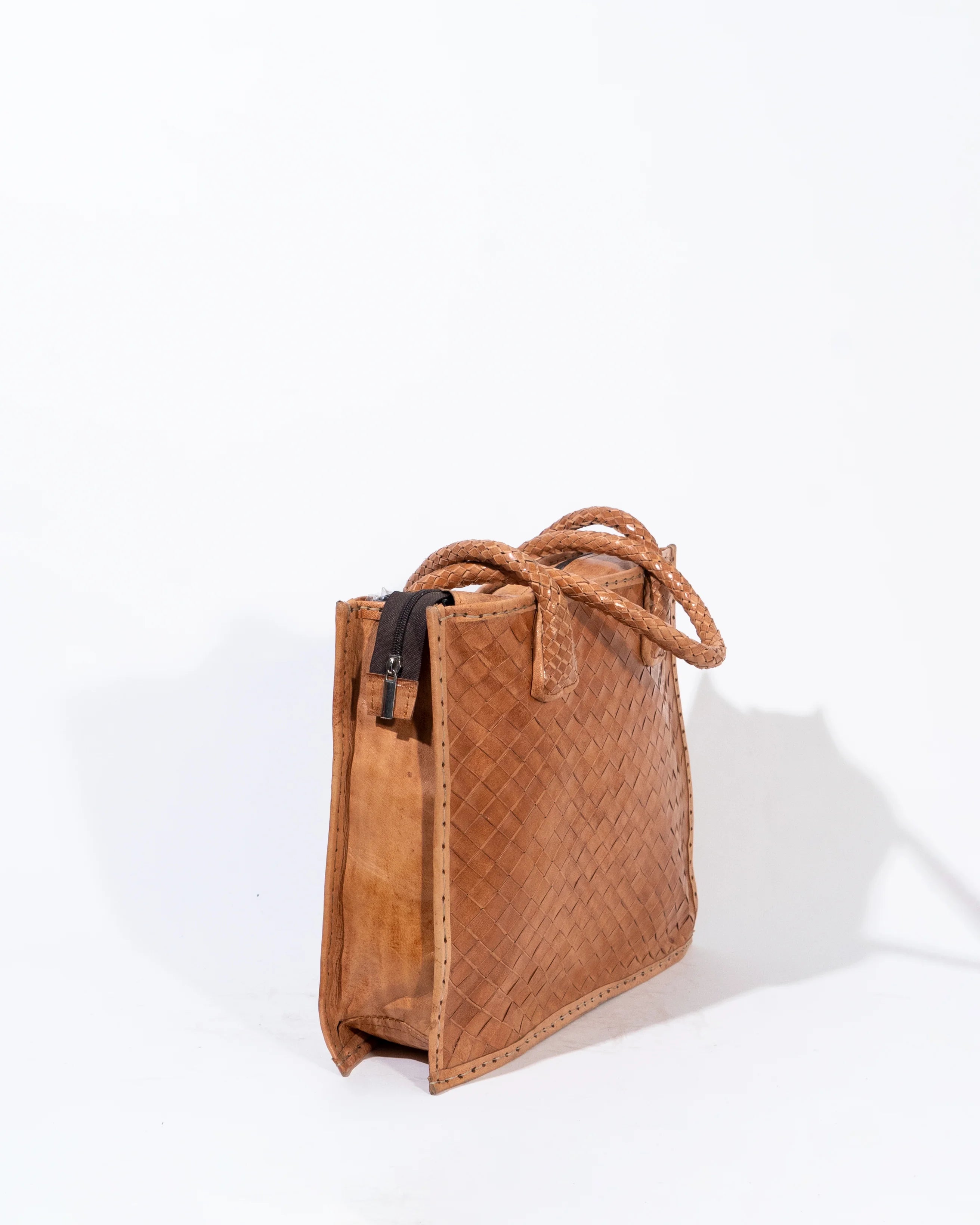 Tan Leather Woven Tote Bag