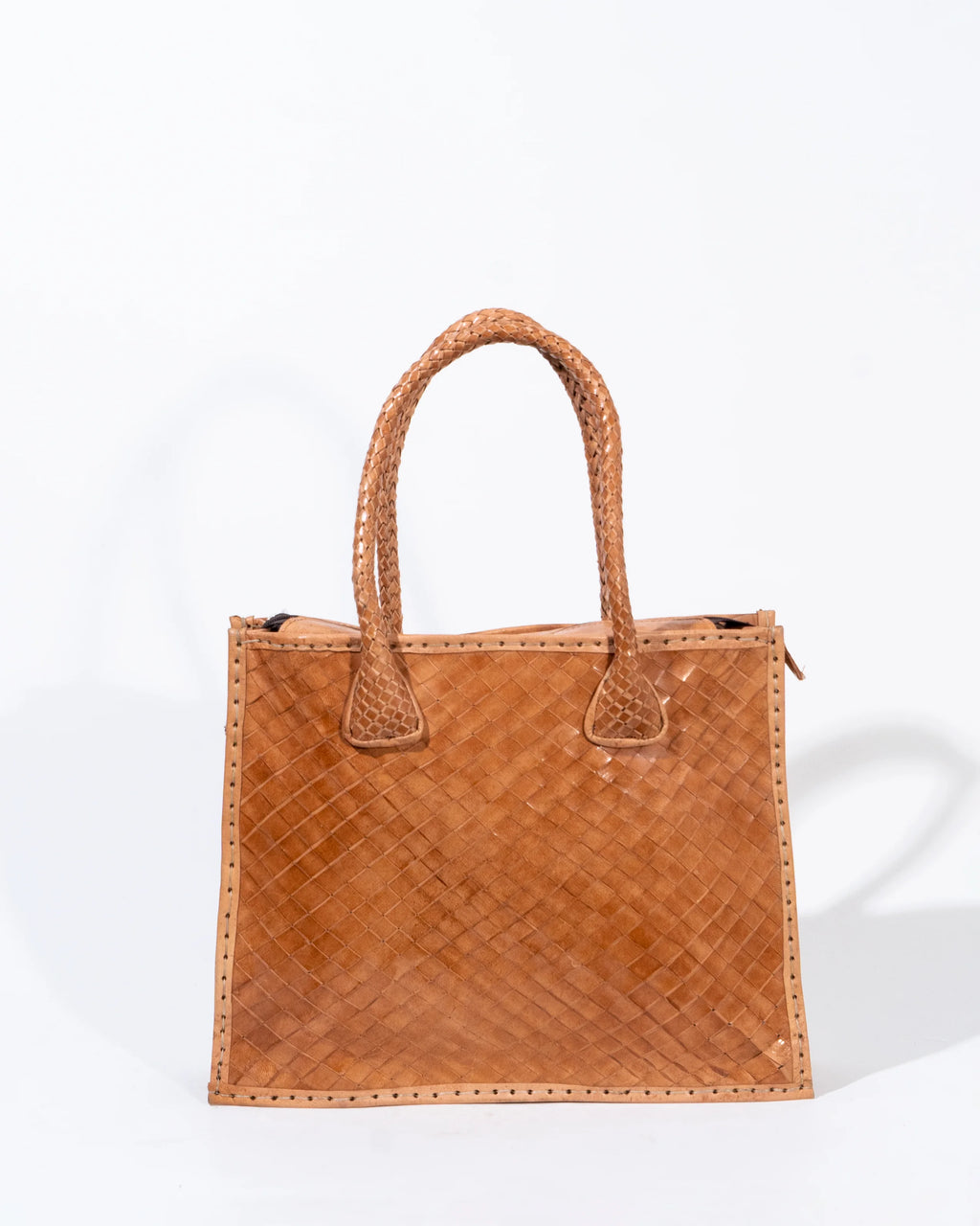 Tan Leather Woven Tote Bag