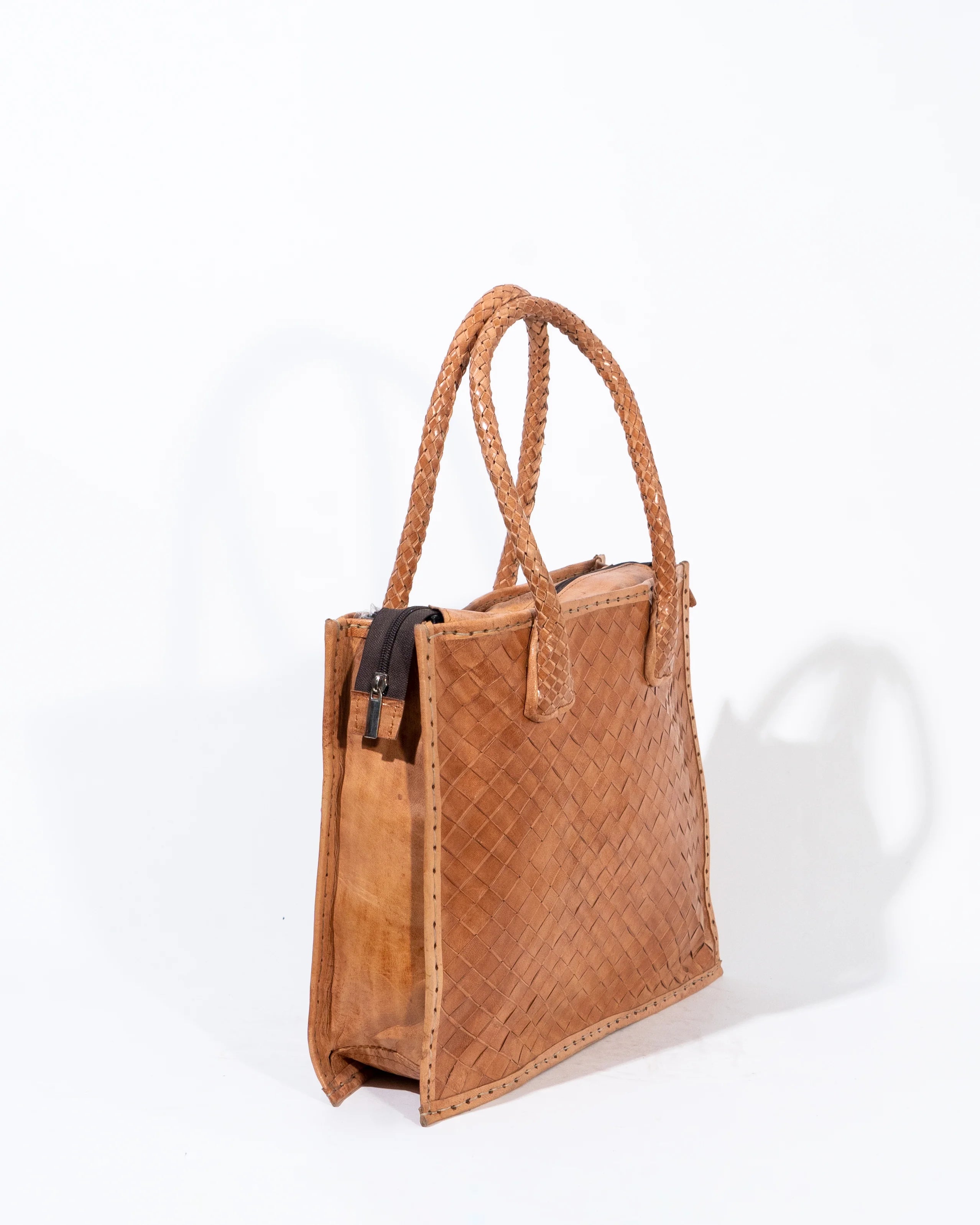 Tan Leather Woven Tote Bag