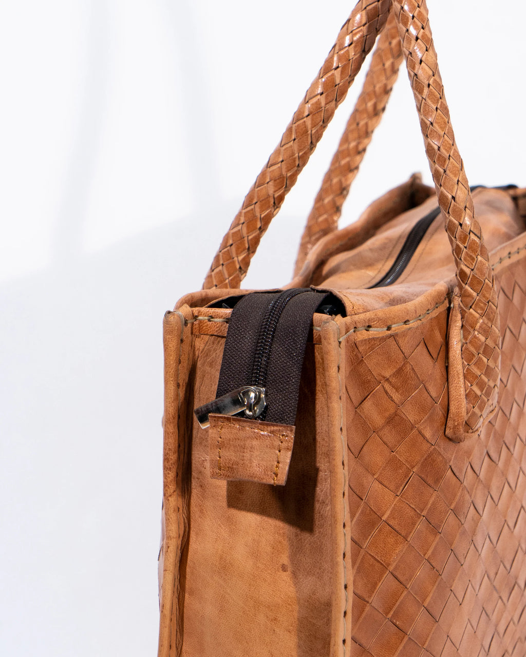 Tan Leather Woven Tote Bag