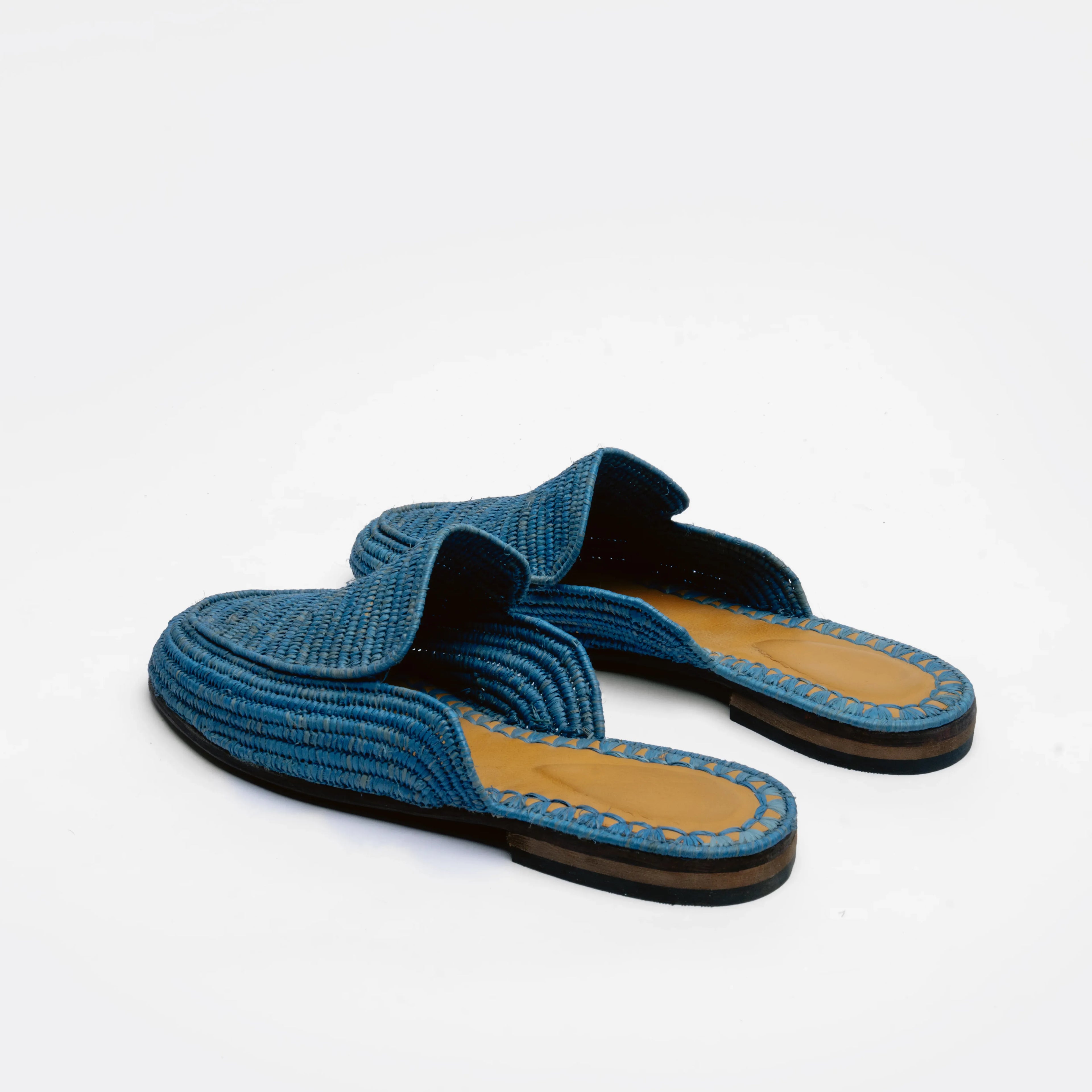 Mules en raphia bleu marine