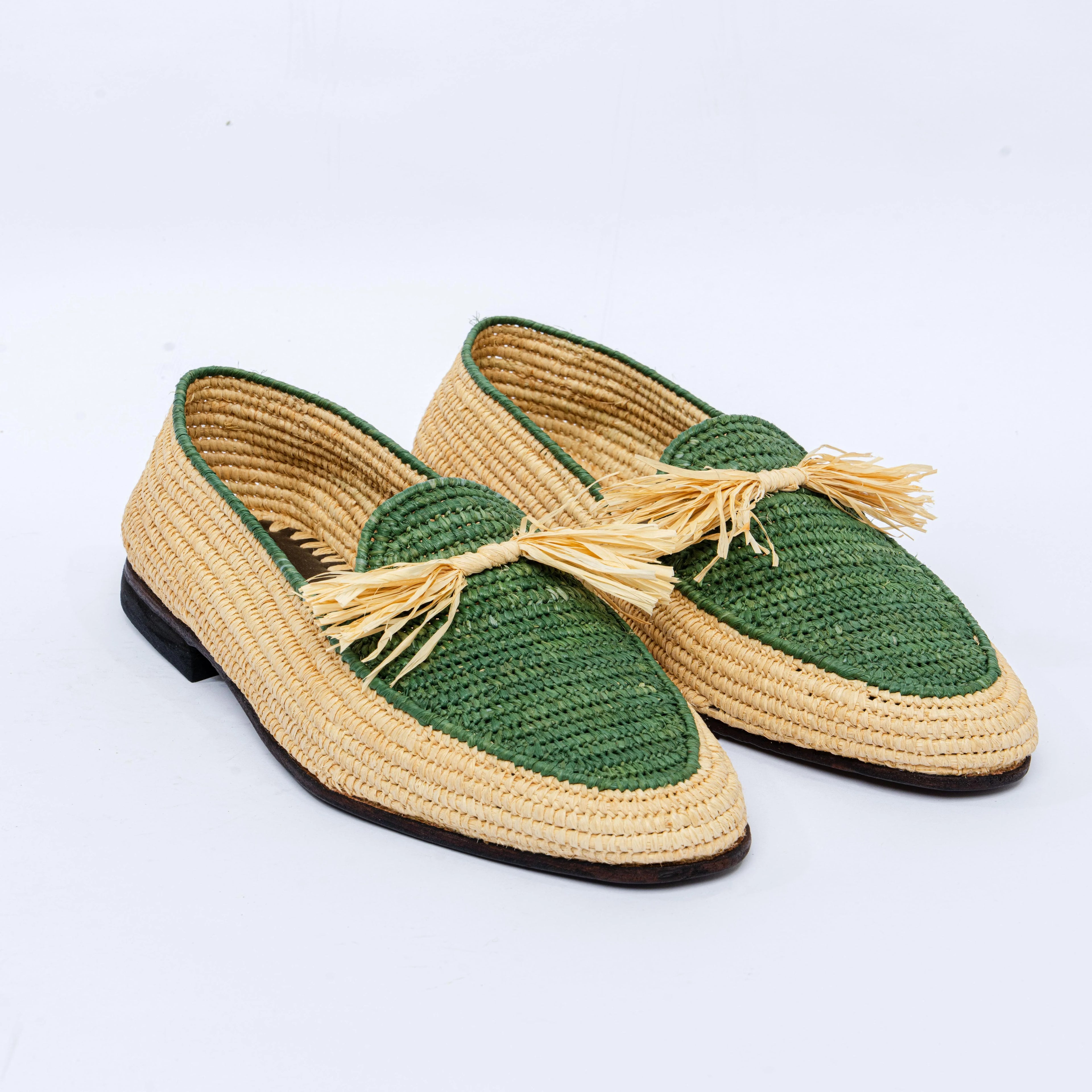 Men's Raffia Bow Loafers in Green