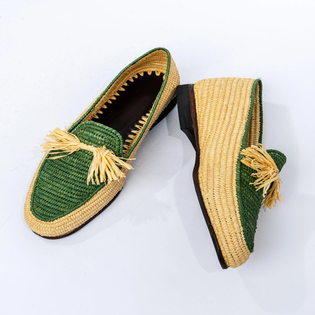 Men's Raffia Bow Loafers in Green