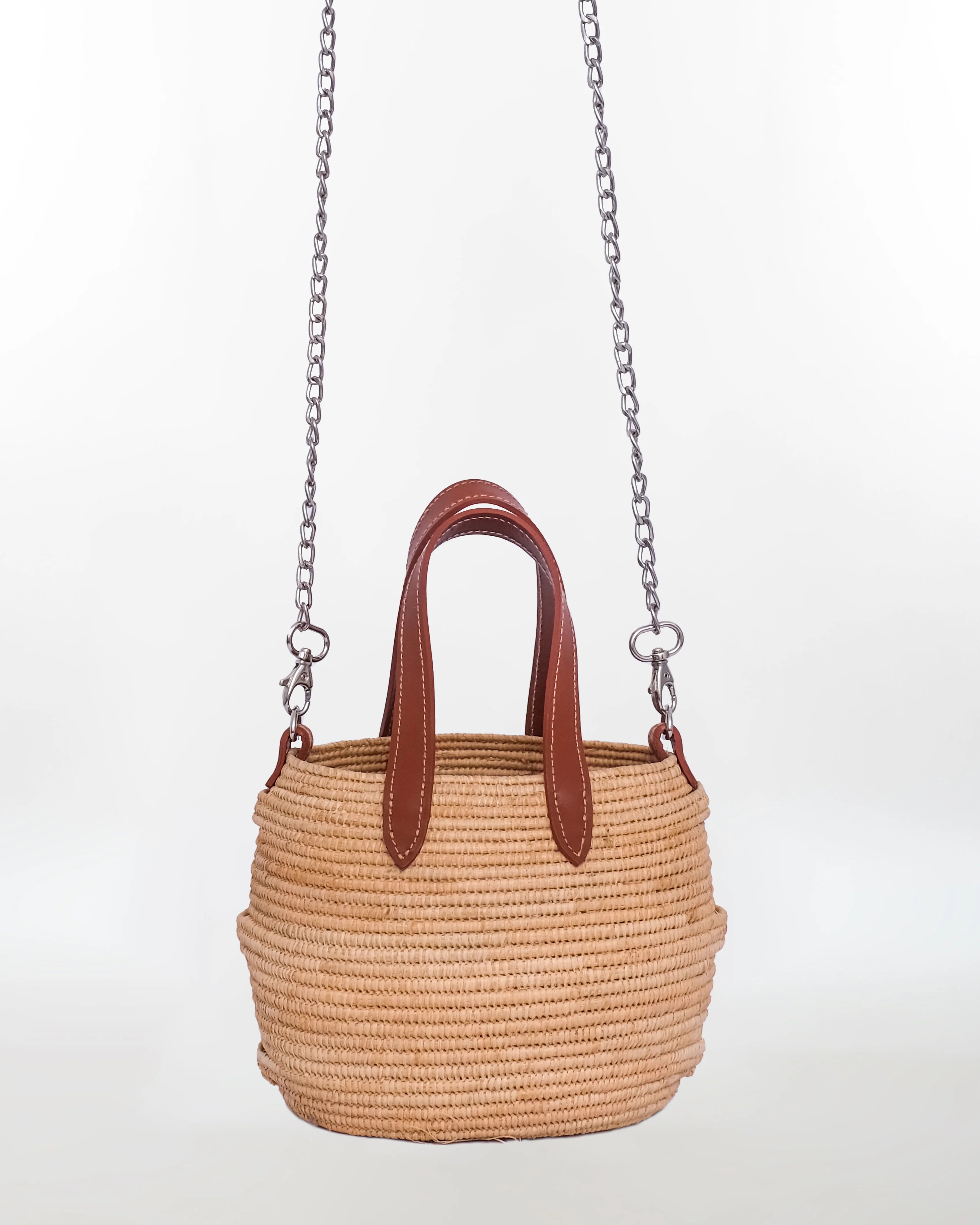 Mini Raffia Basket Tote — Leather Chain Strap