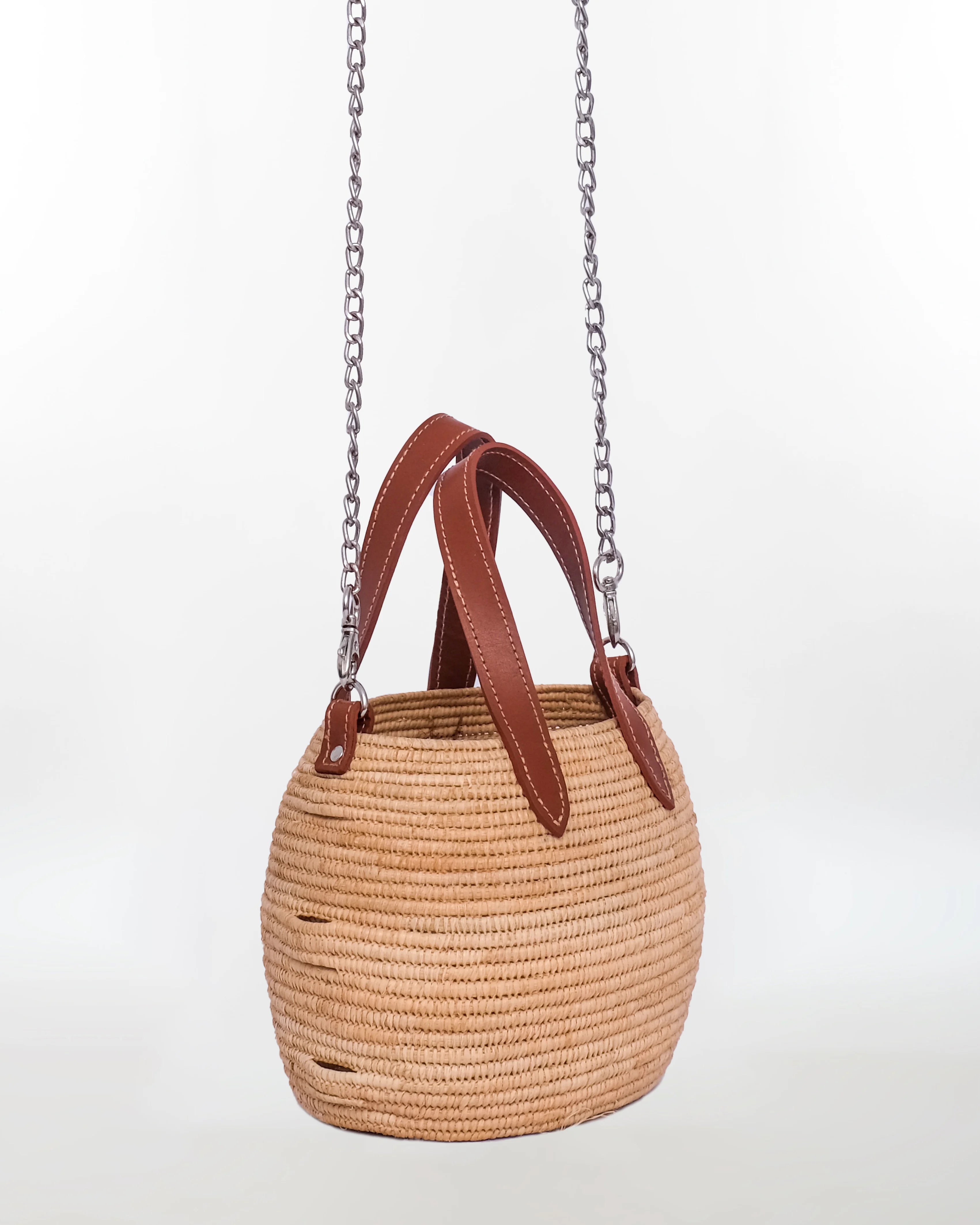 Mini Raffia Basket Tote — Leather Chain Strap