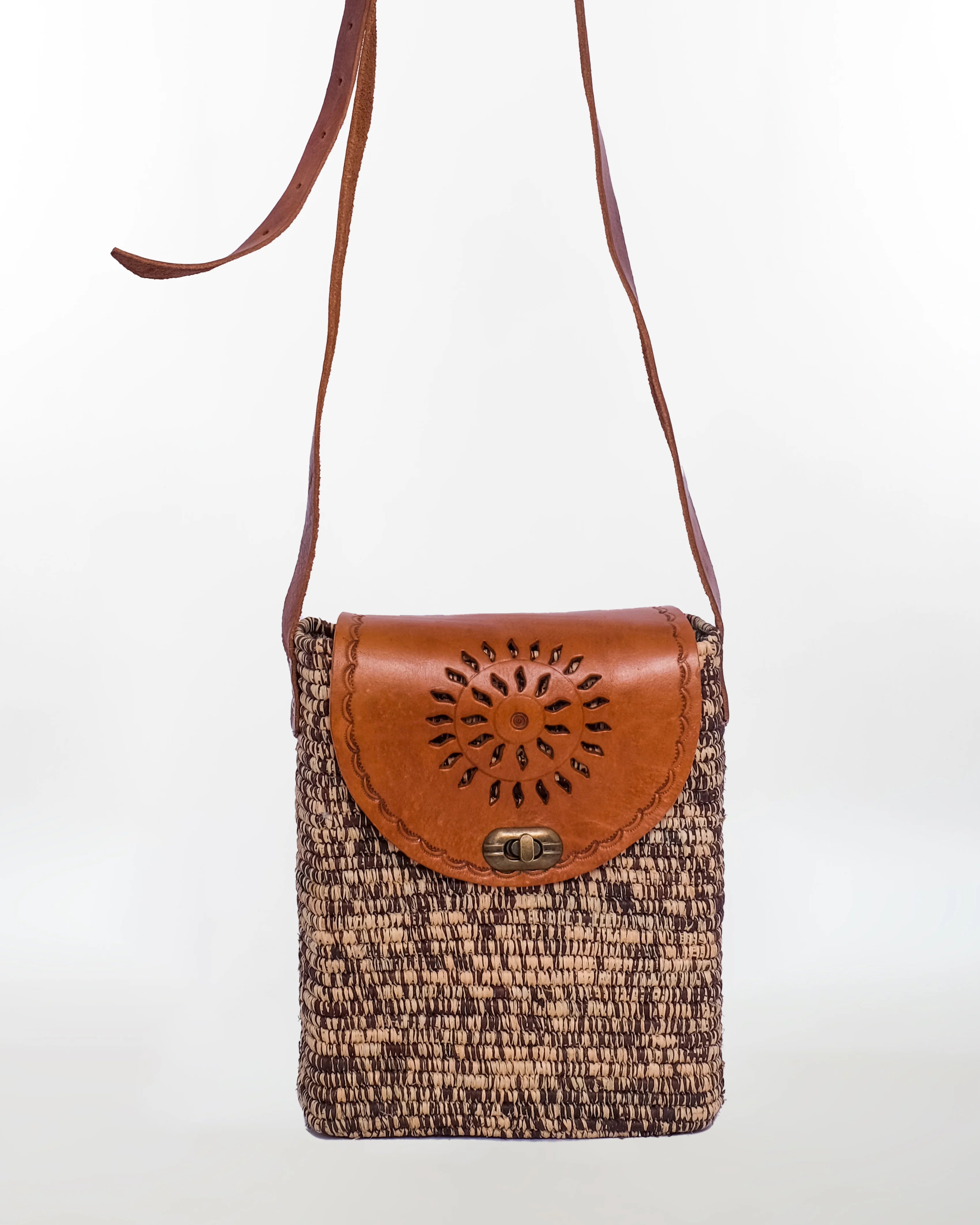 Mini Raffia Crossbody Bag — Carved Leather Flap