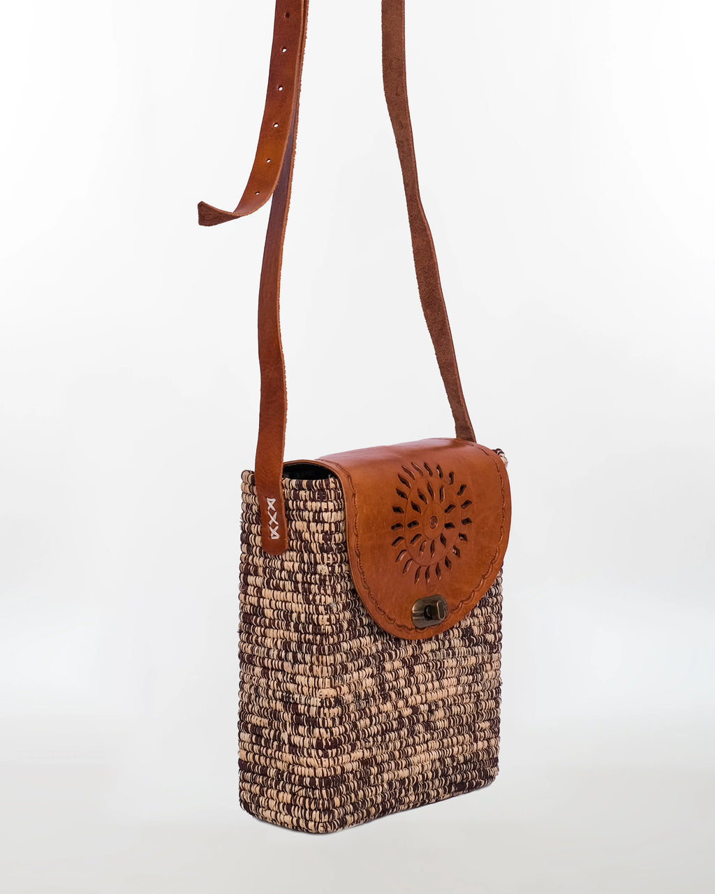 Mini Raffia Crossbody Bag — Carved Leather Flap