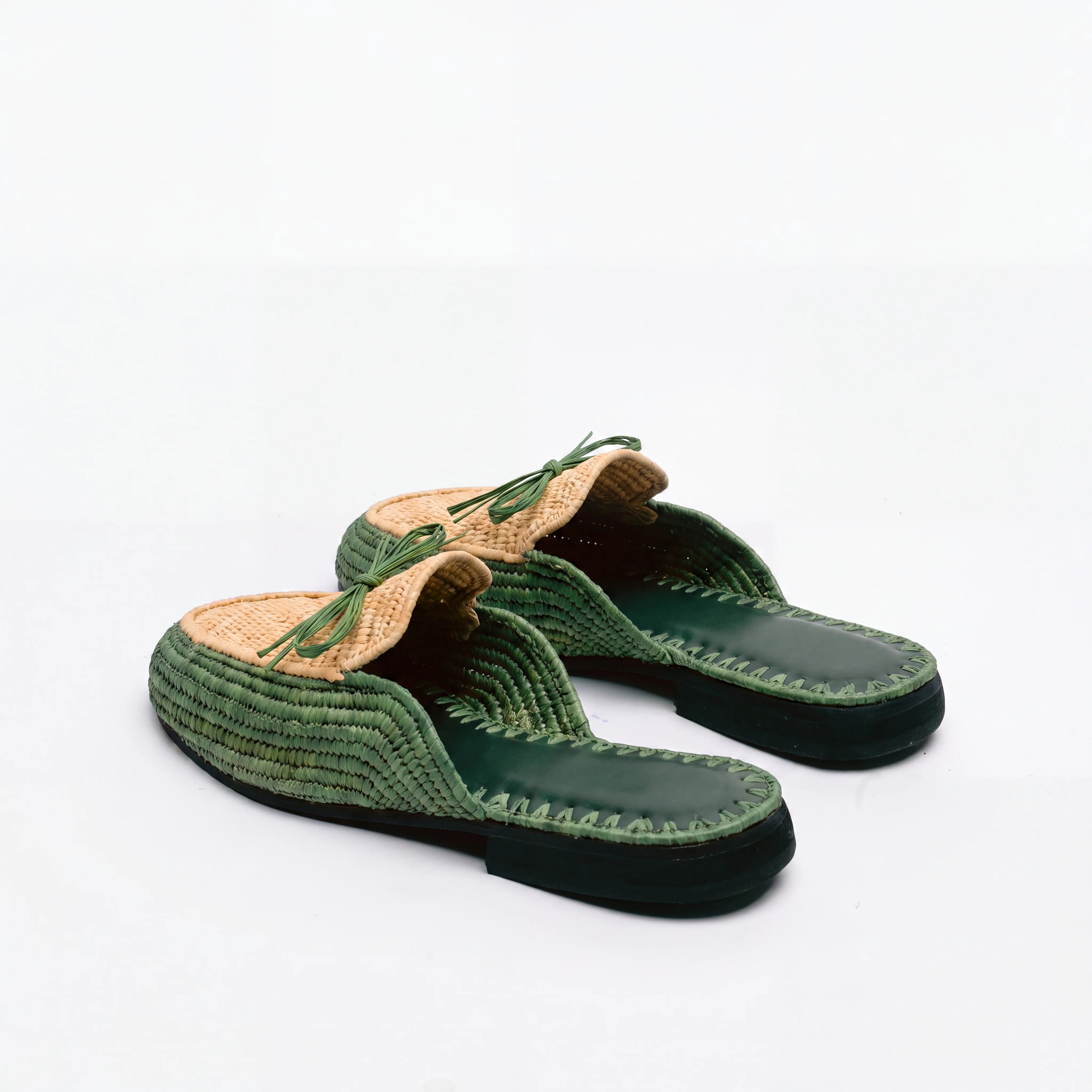 Raffia Mule Sandals in Green