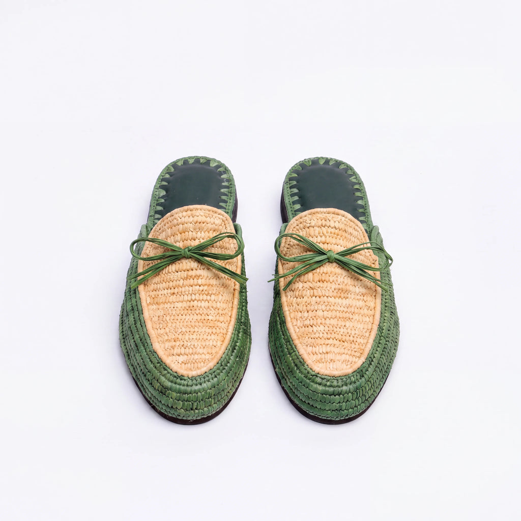 Raffia Mule Sandals in Green