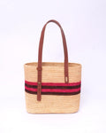 Raffia Market Tote With Natural Pink Stripe Leather