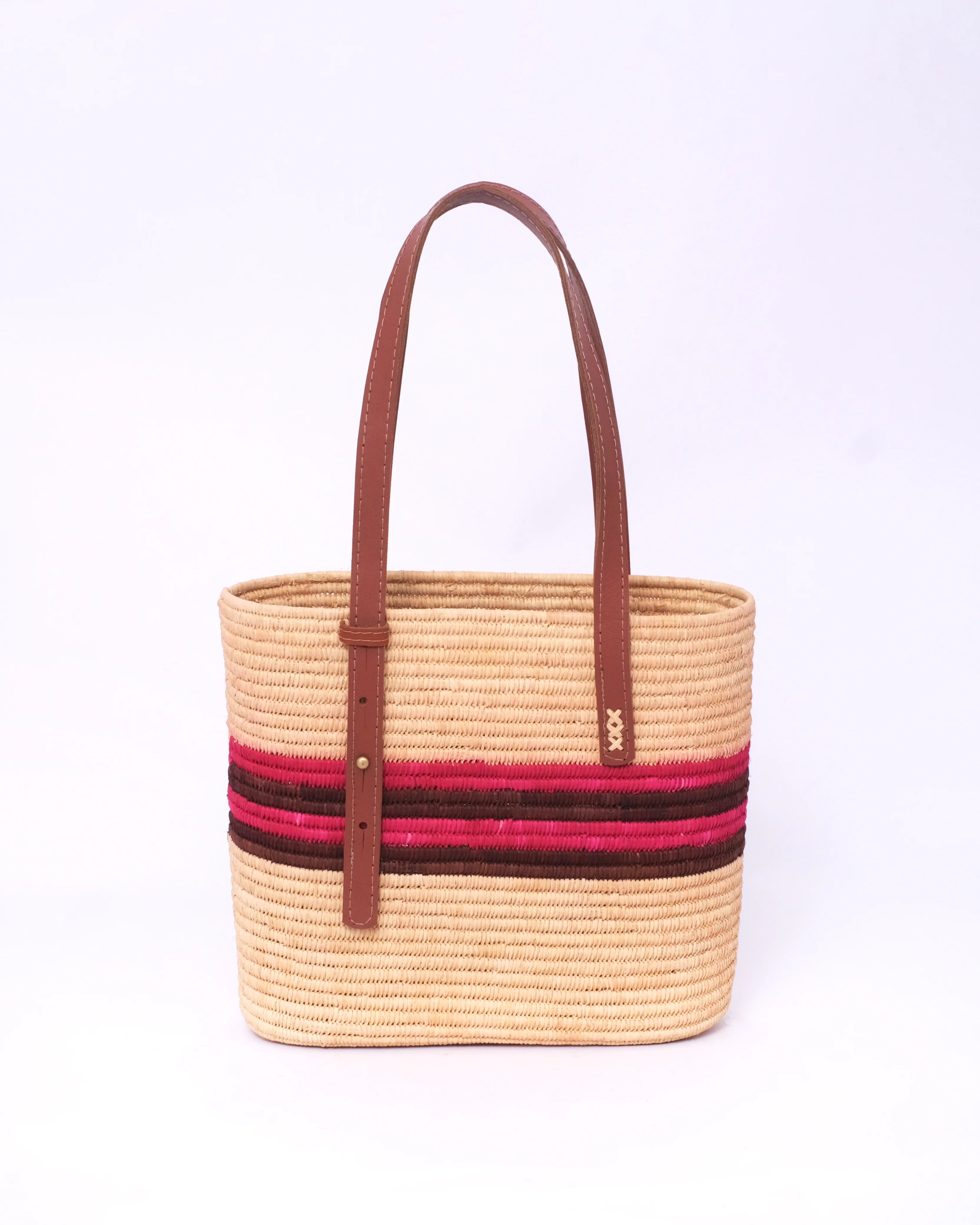 Raffia Market Tote With Natural Pink Stripe Leather