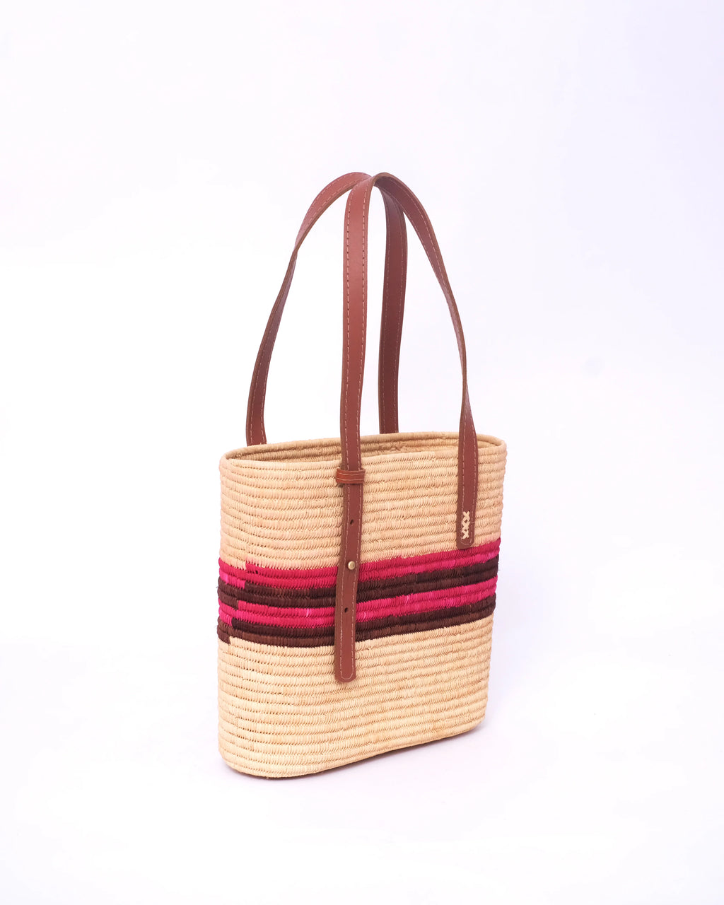 Raffia Market Tote With Natural Pink Stripe Leather