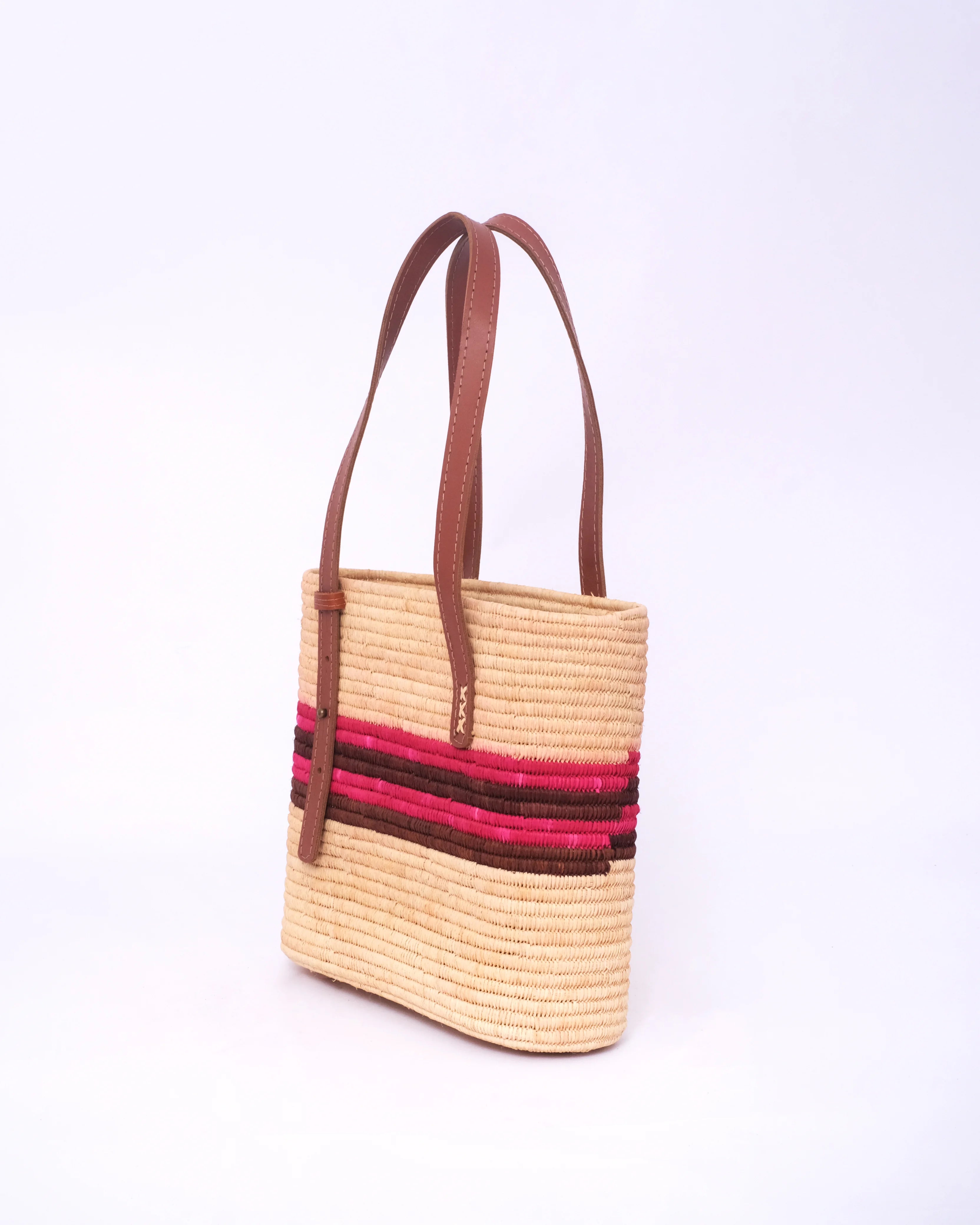 Raffia Market Tote With Natural Pink Stripe Leather