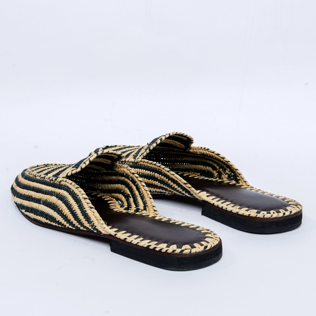 Pair of black and beige woven sandals on a white background