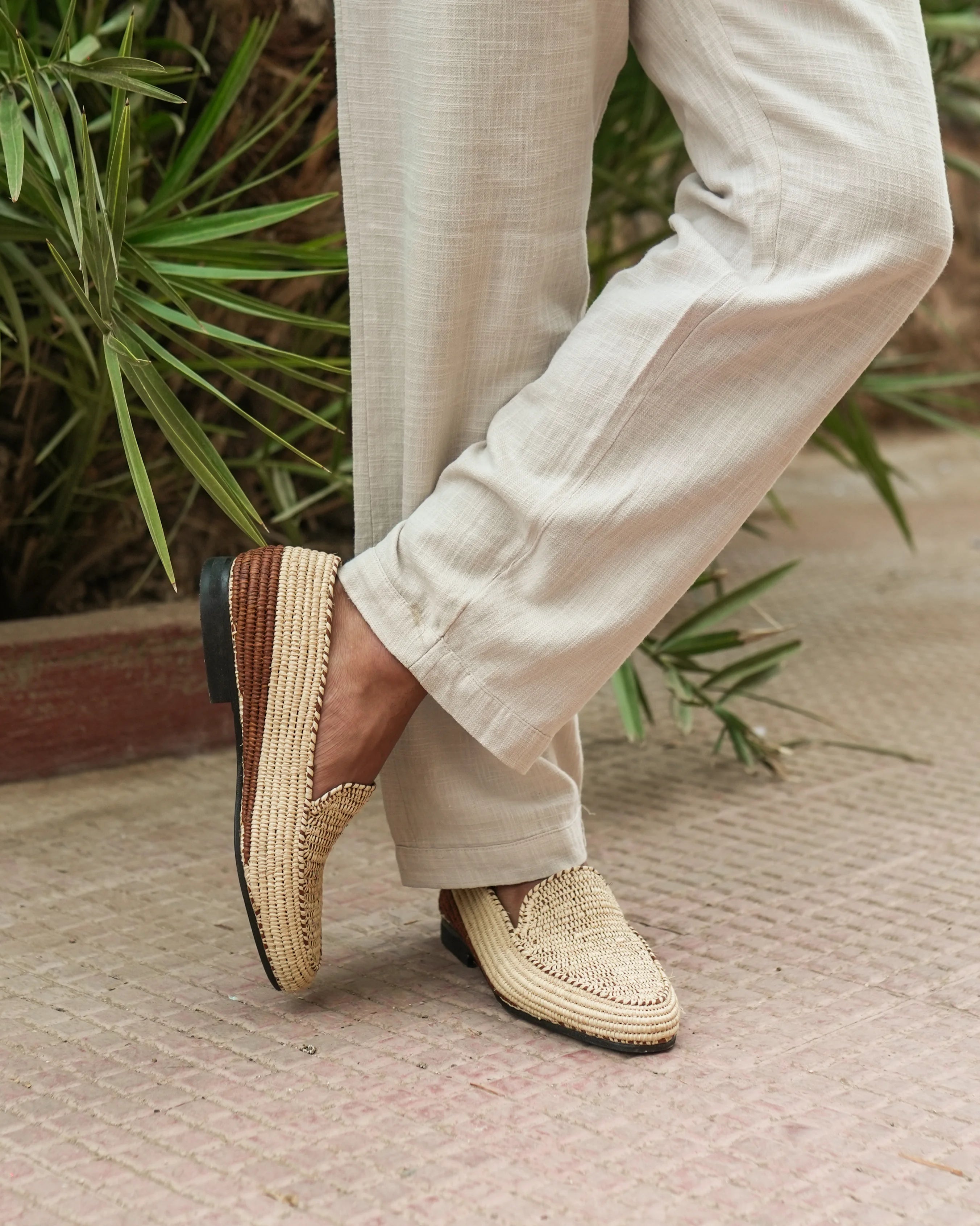 Beige Raffia Loafers for Men