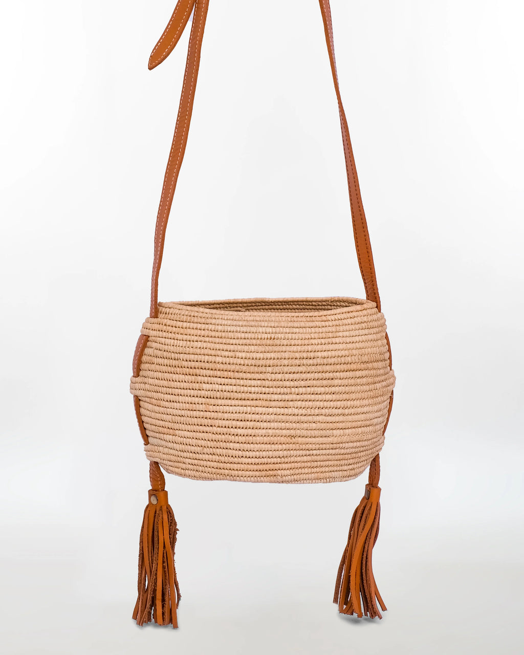 Raffia Shoulder Basket Bag — Leather Tassels