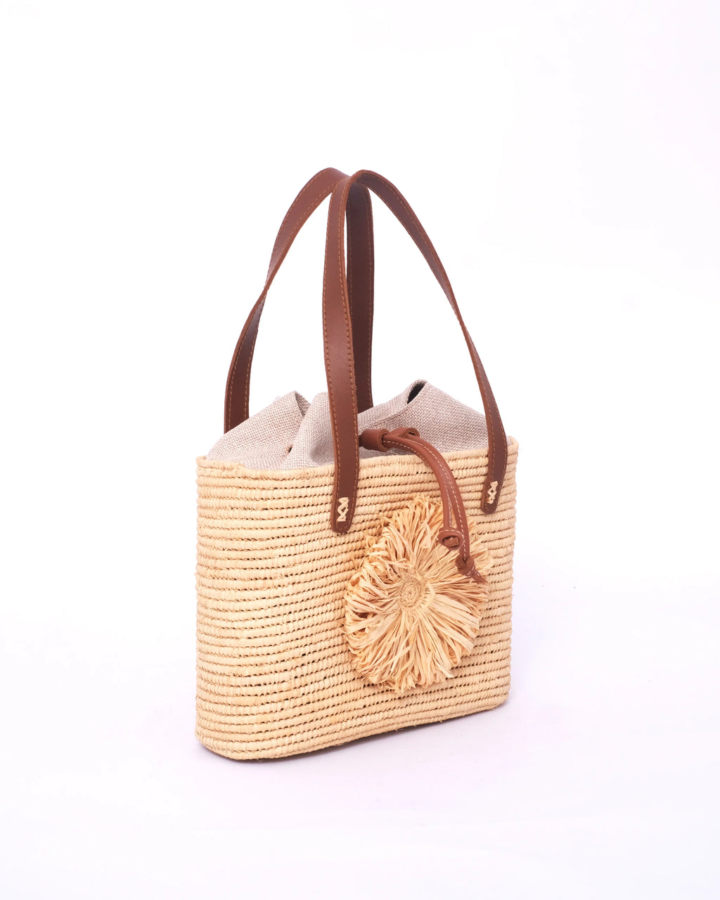 Raffia Tote Bag With Natural Flower Embellishment
