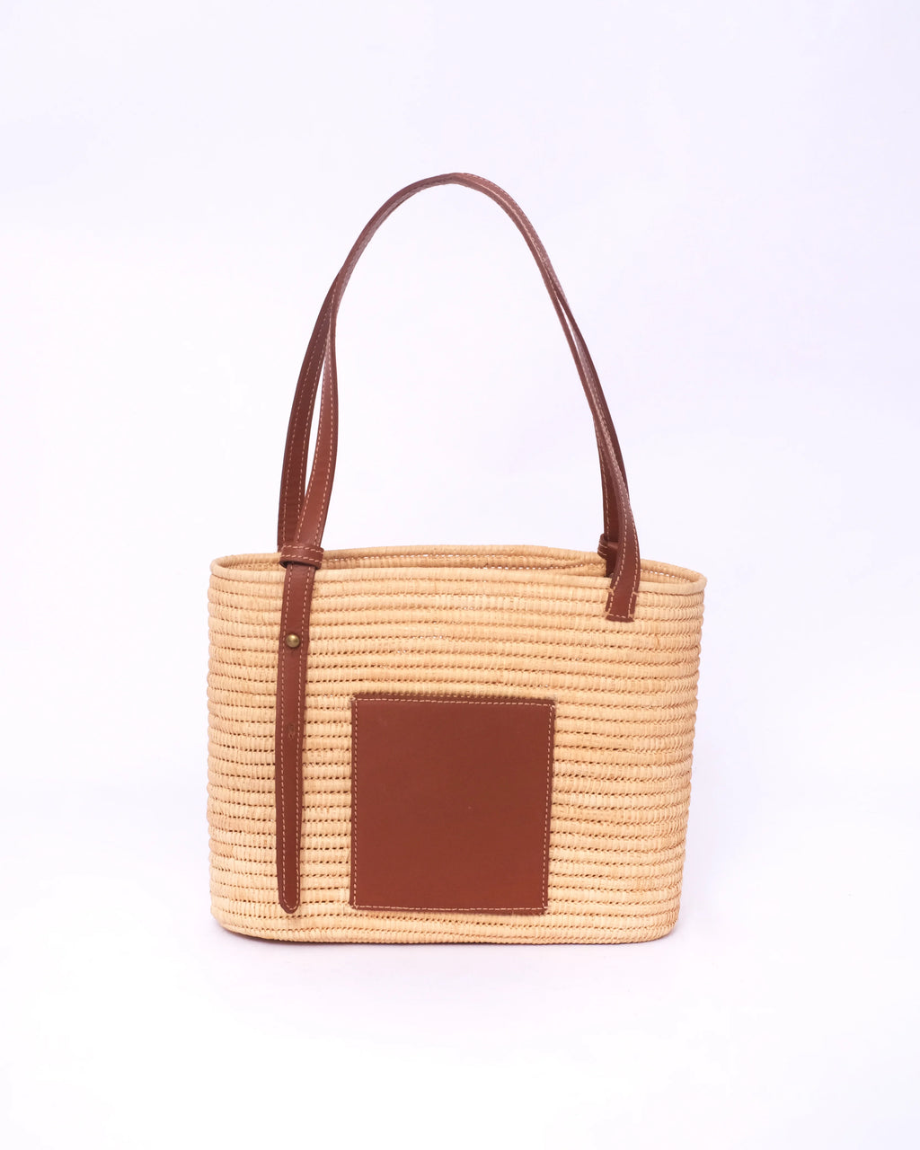 Raffia Tote Bag With Natural Square Leather Patch