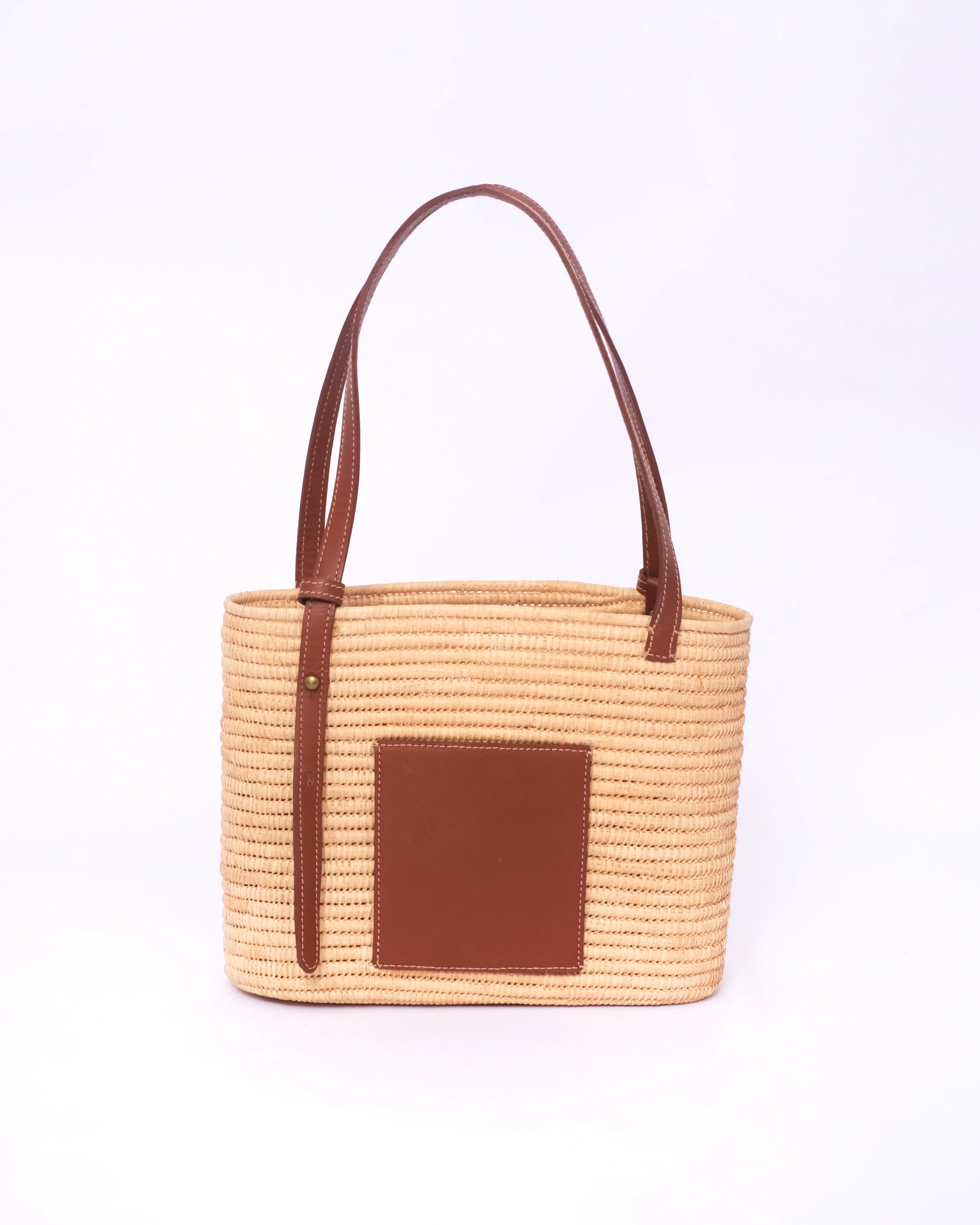 Raffia Tote Bag With Natural Square Leather Patch