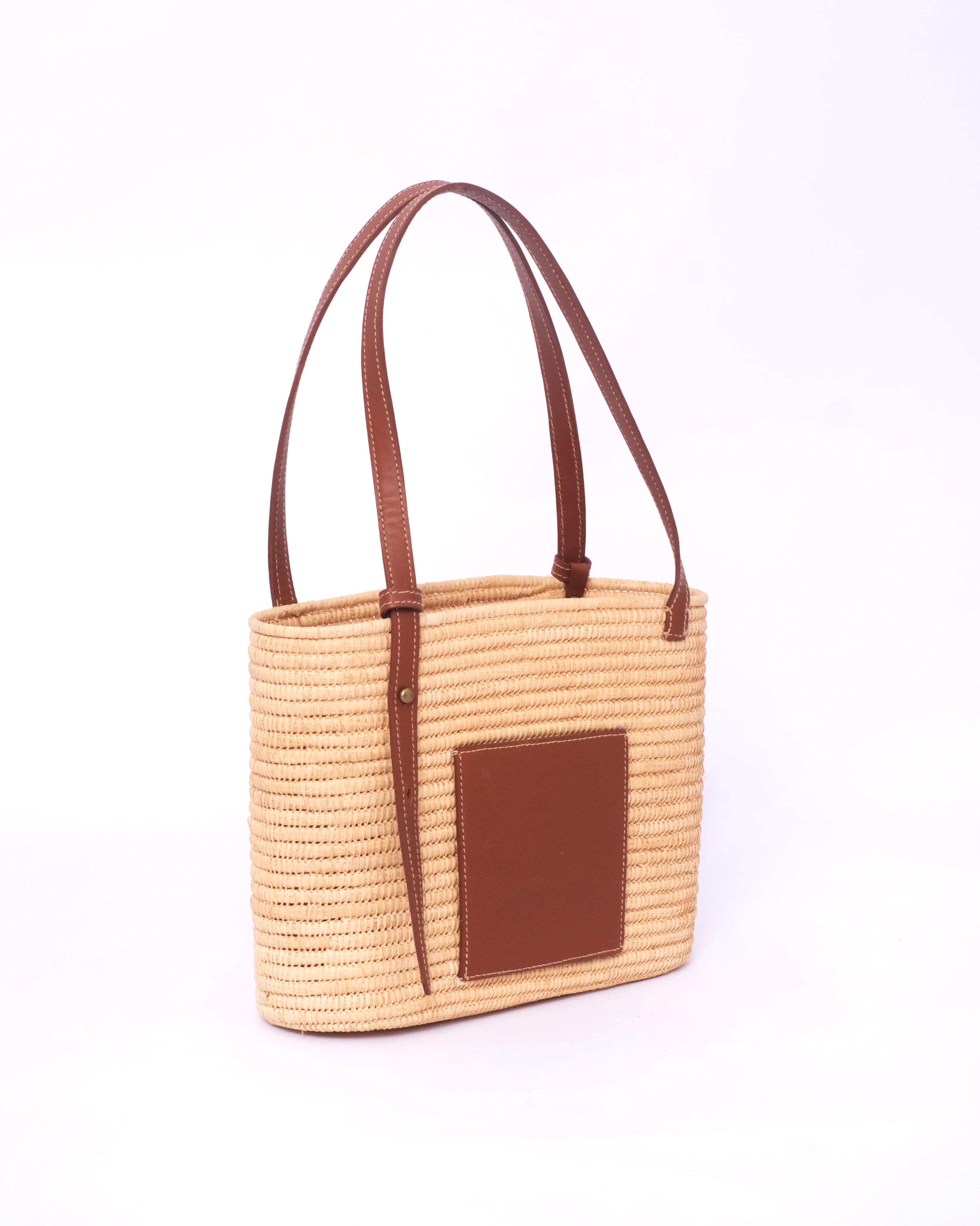 Raffia Tote Bag With Natural Square Leather Patch