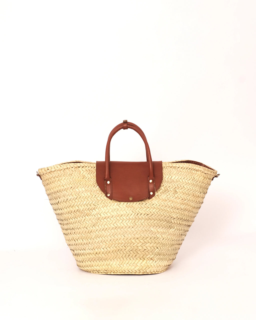 Straw Basket Bag with Brown Leather