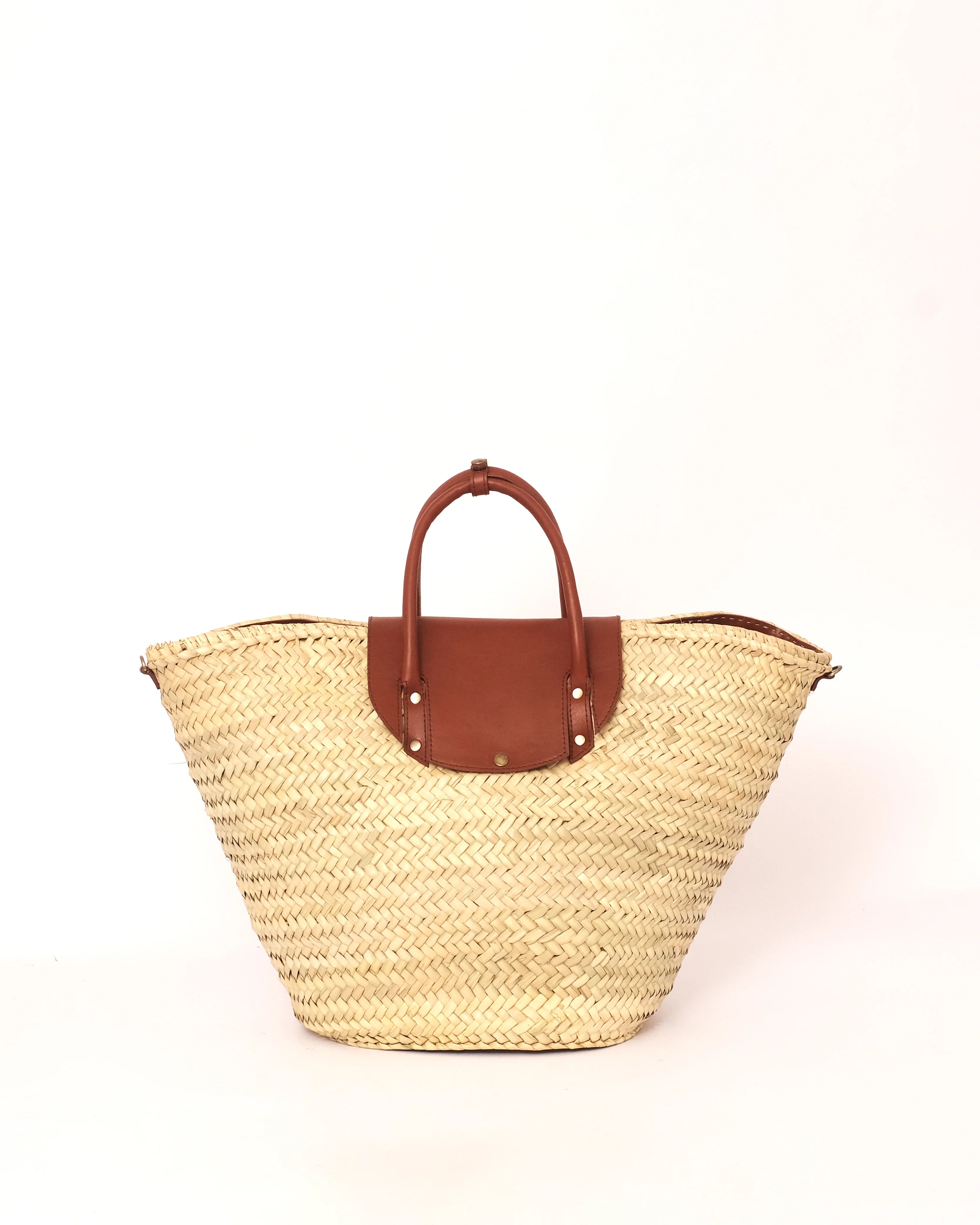 Straw Basket Bag with Brown Leather