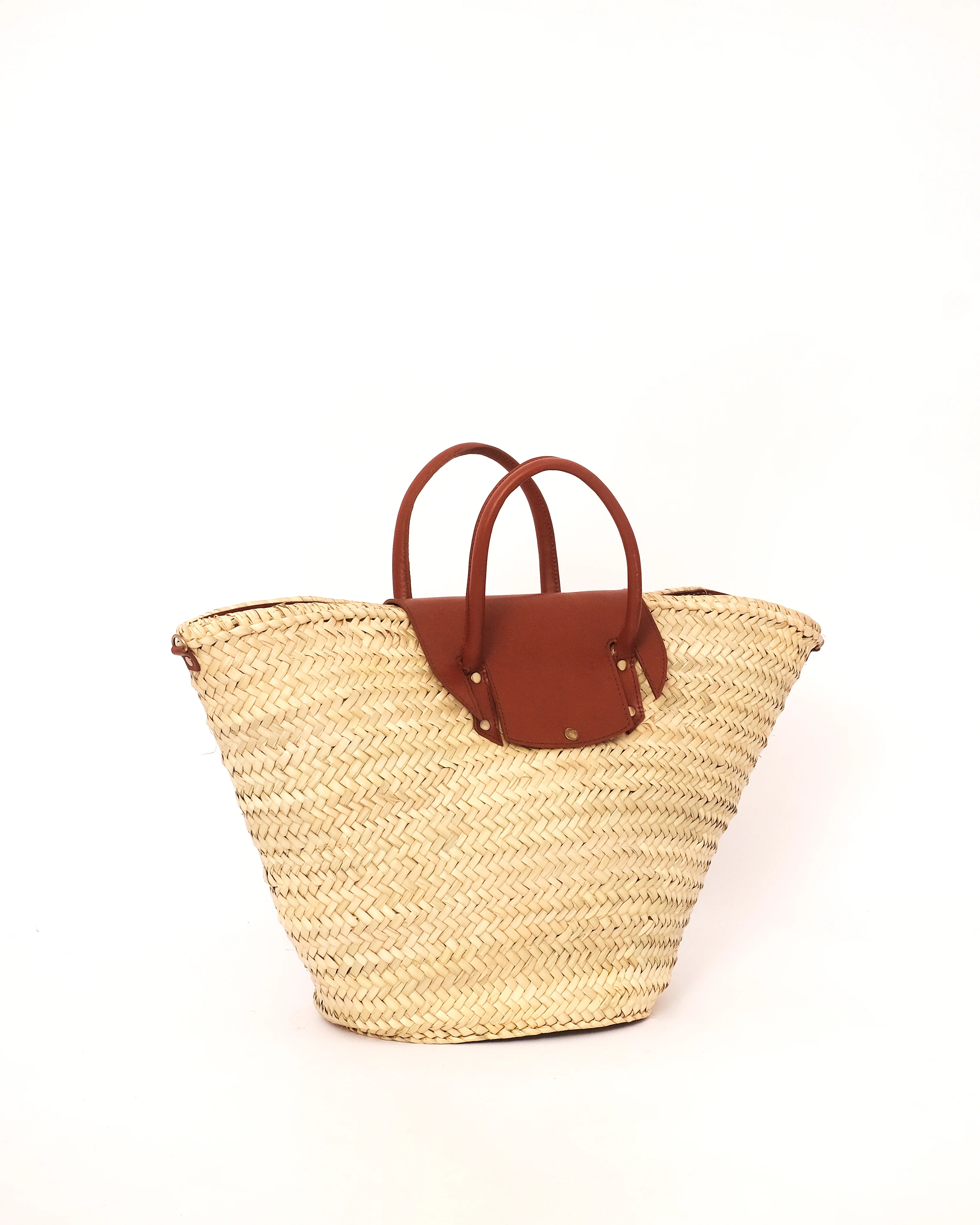 Straw Basket Bag with Brown Leather