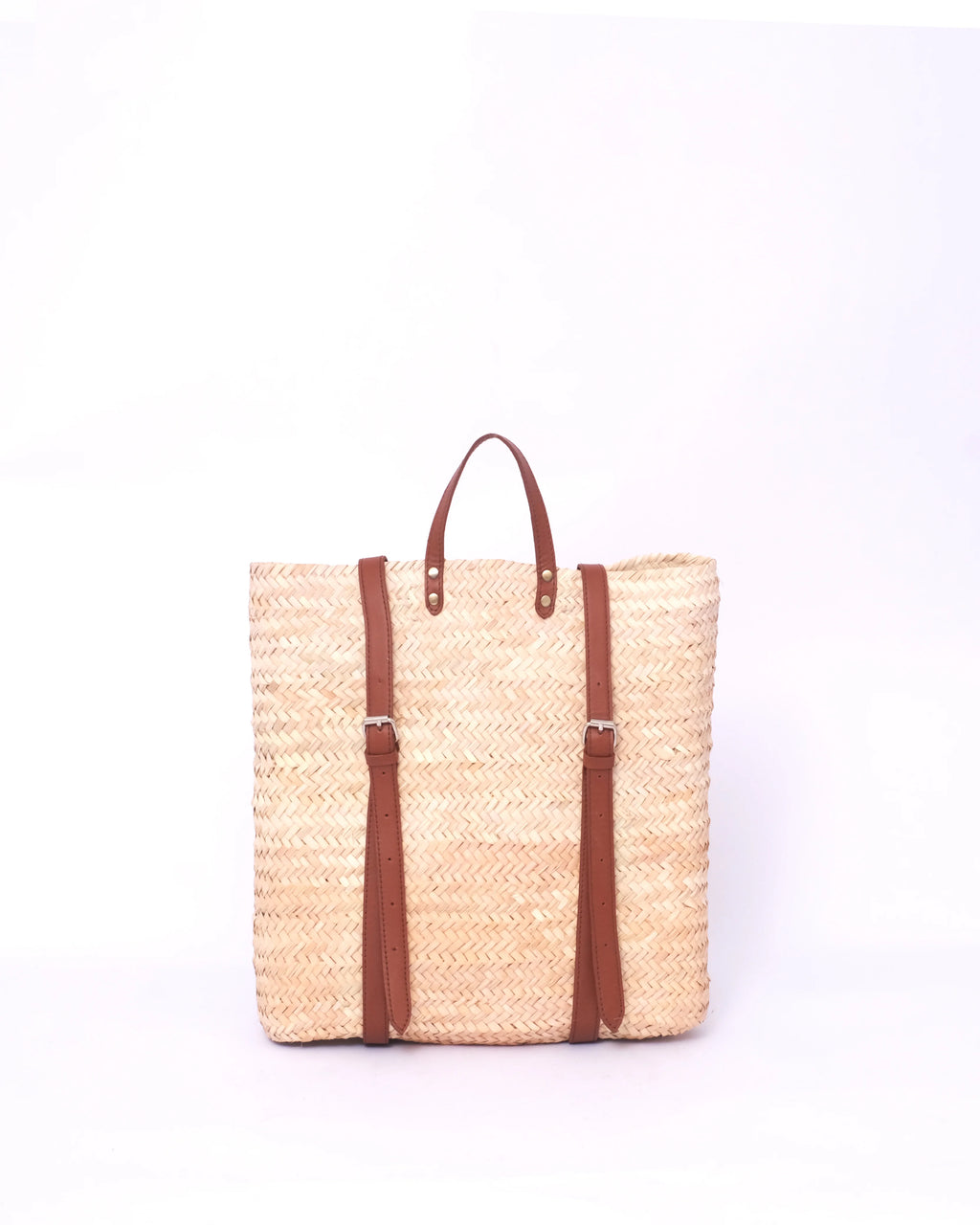 Backpack Straw Bag with Brown Leather
