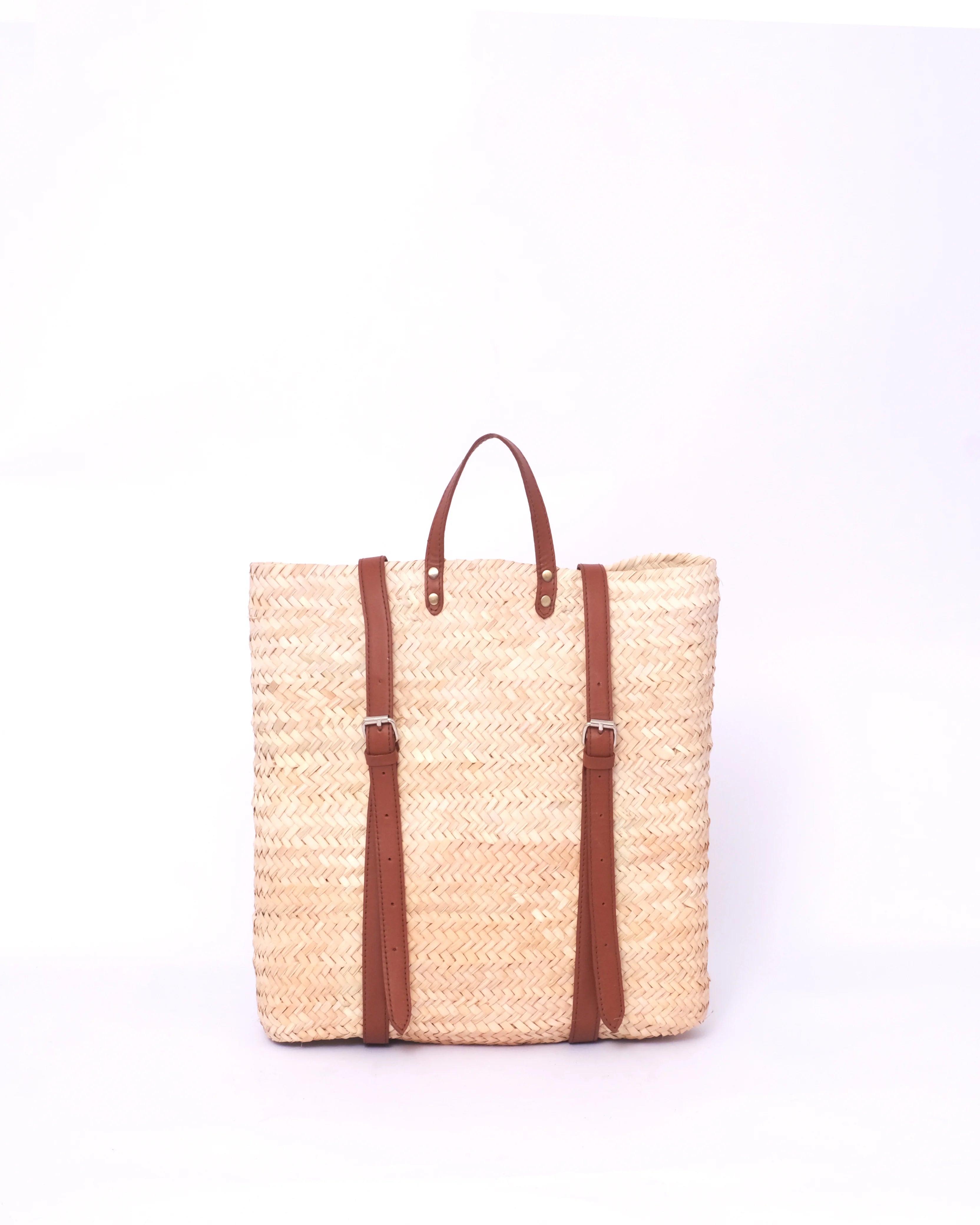 Backpack Straw Bag with Brown Leather
