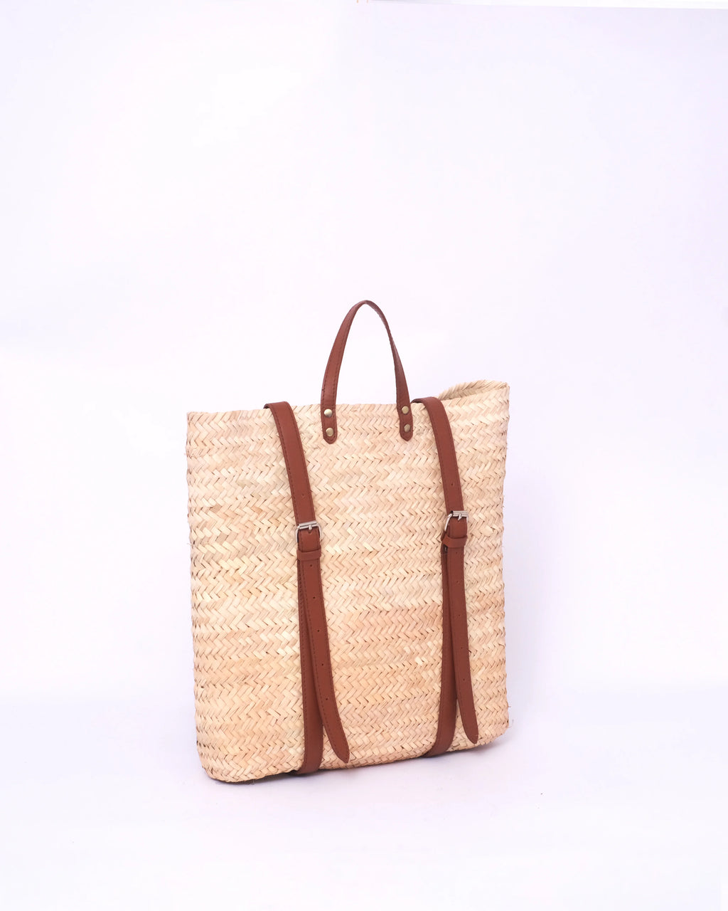 Backpack Straw Bag with Brown Leather