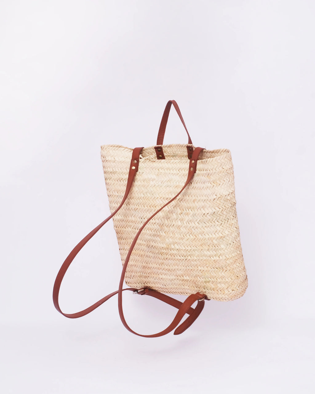 Backpack Straw Bag with Brown Leather