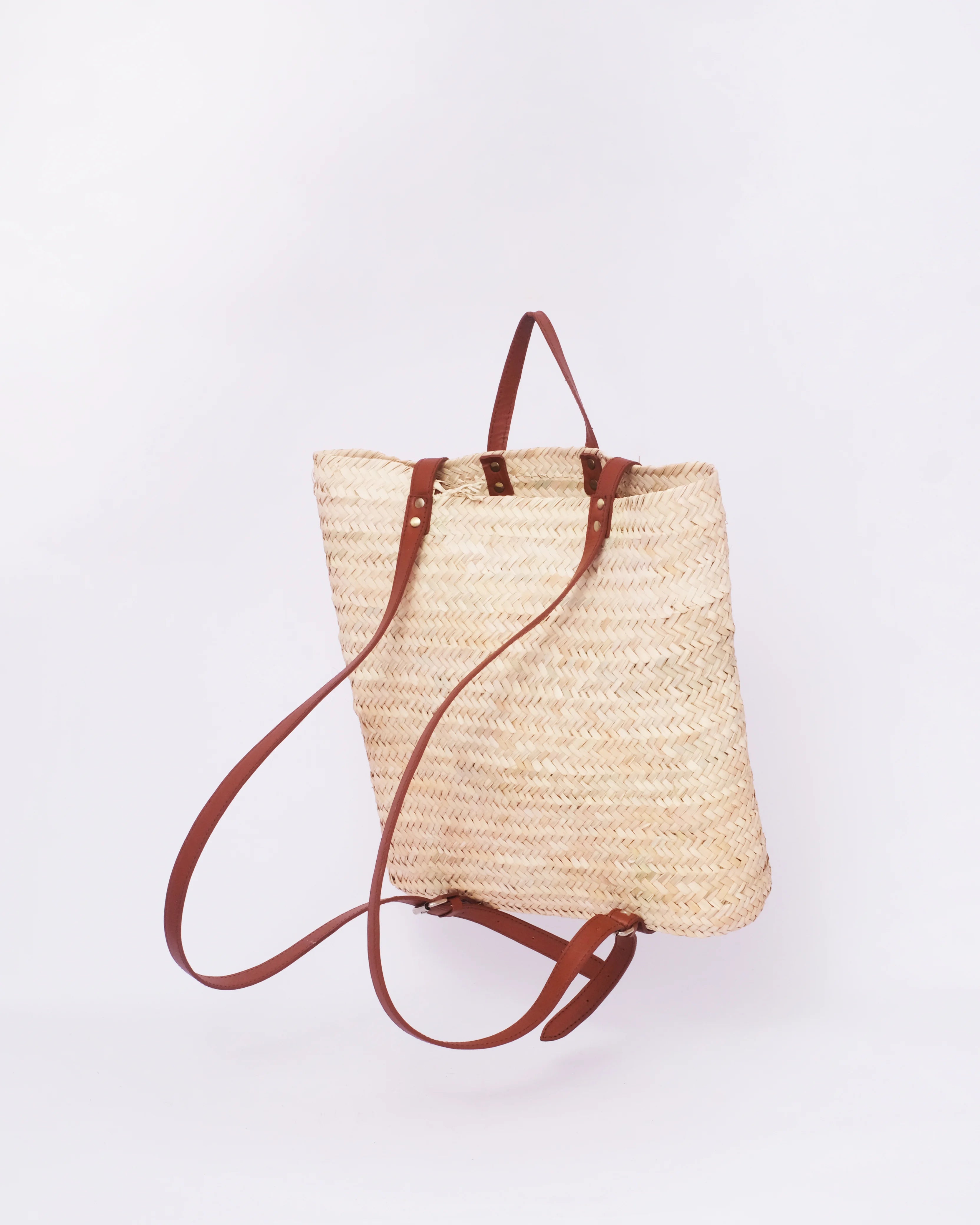 Backpack Straw Bag with Brown Leather