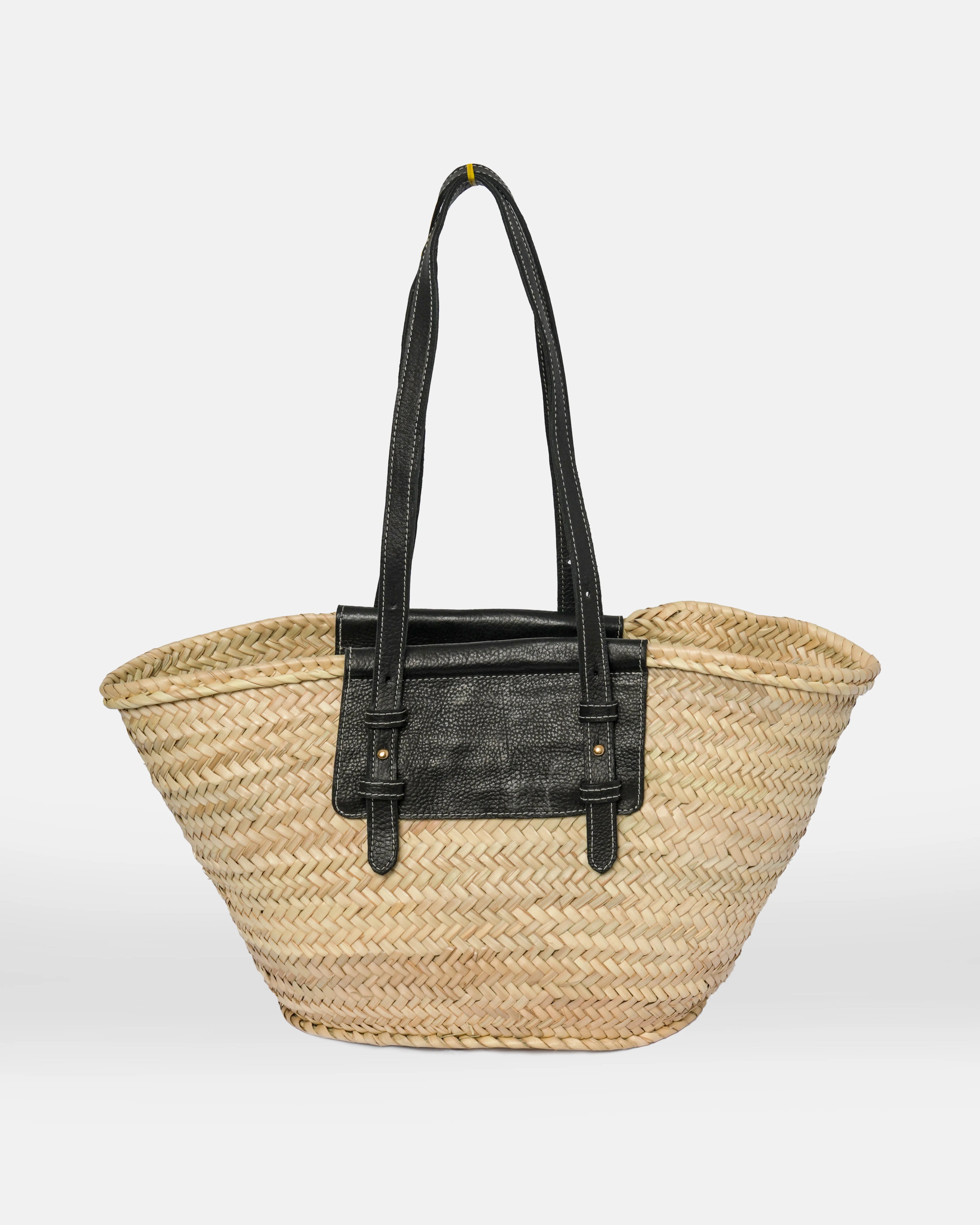 Straw Tote Bag with Black Leather Handles