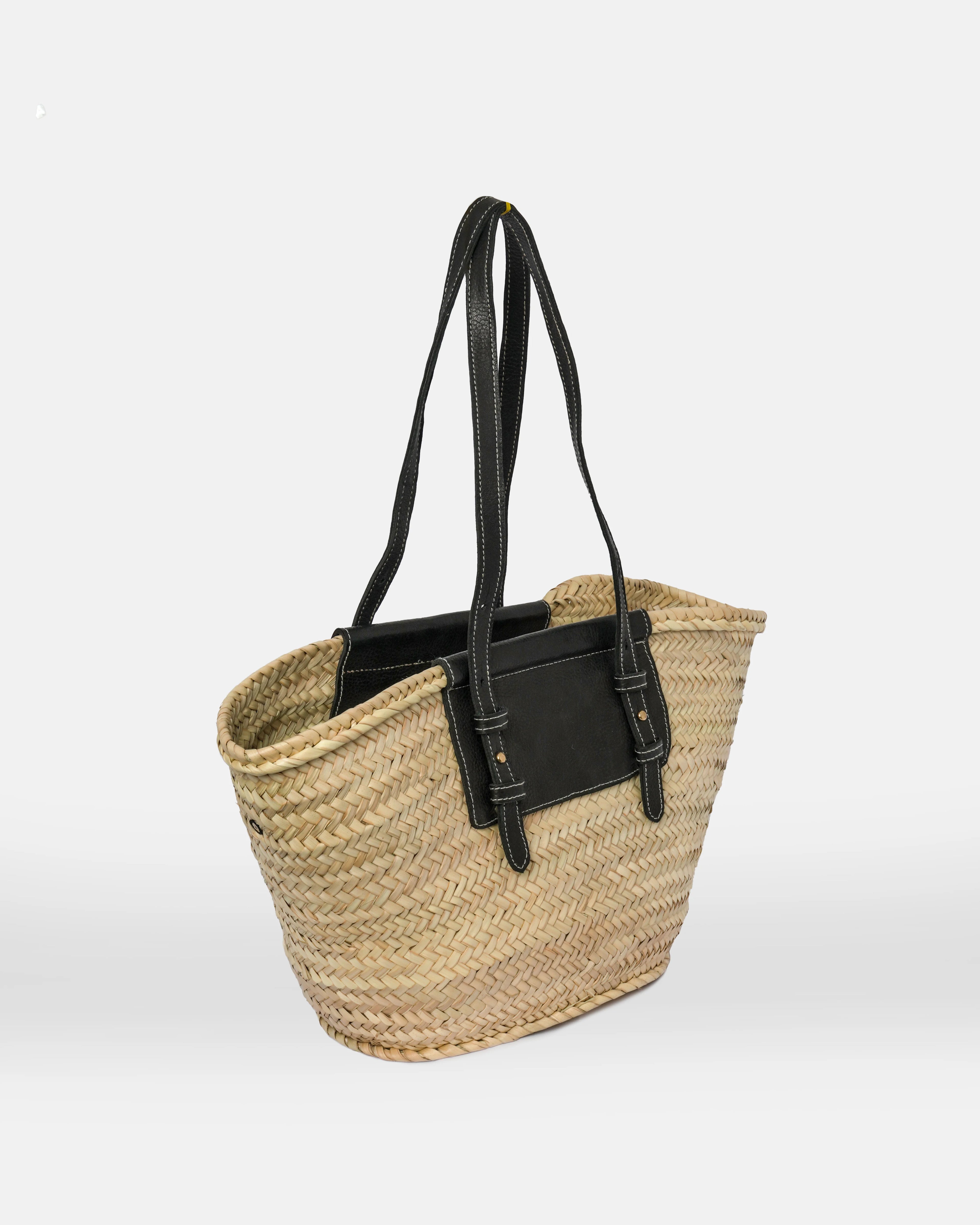 Straw Tote Bag with Black Leather Handles