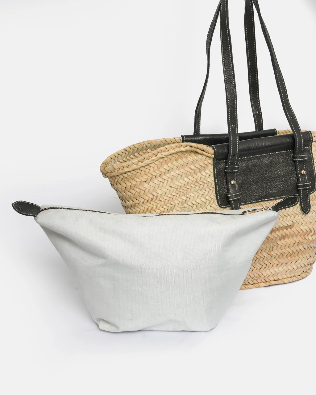 Straw Tote Bag with Black Leather Handles