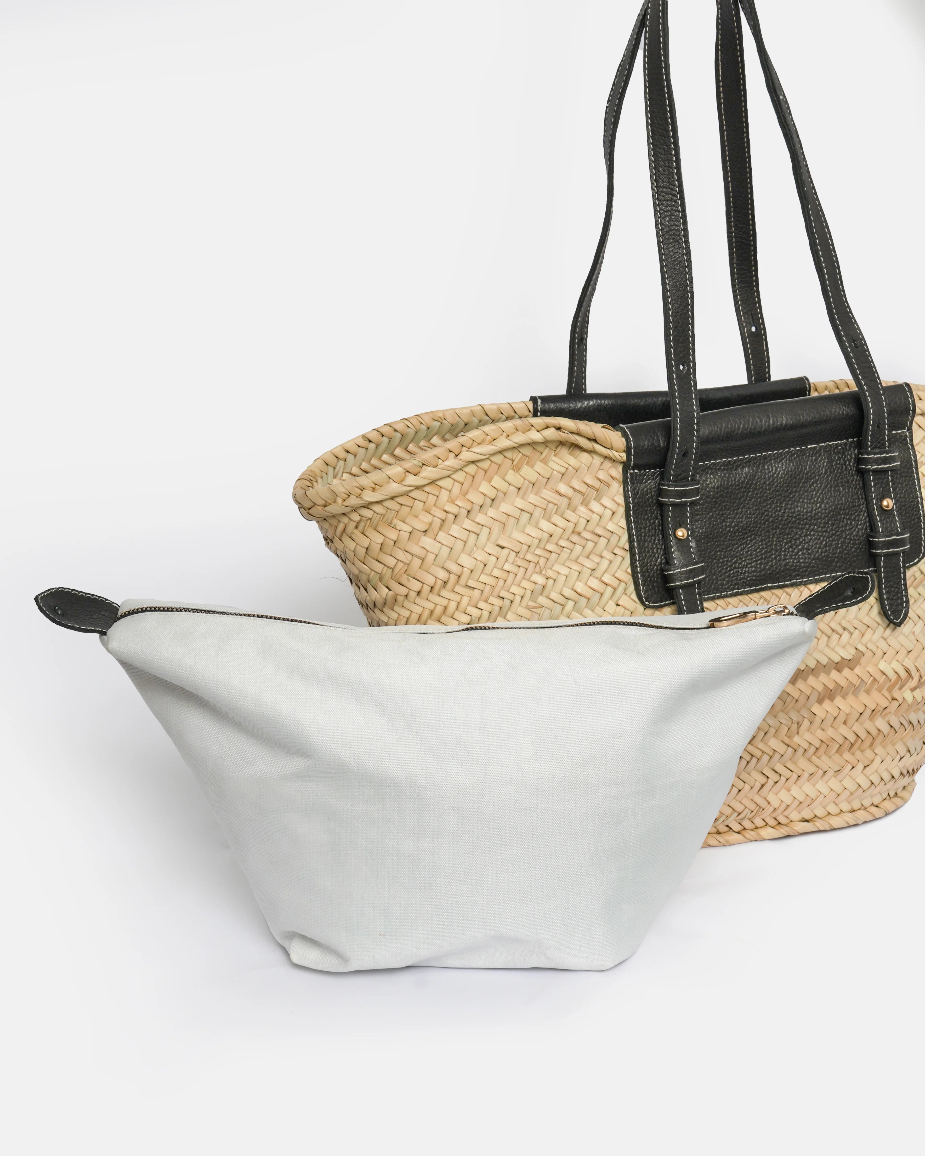 Straw Tote Bag with Black Leather Handles