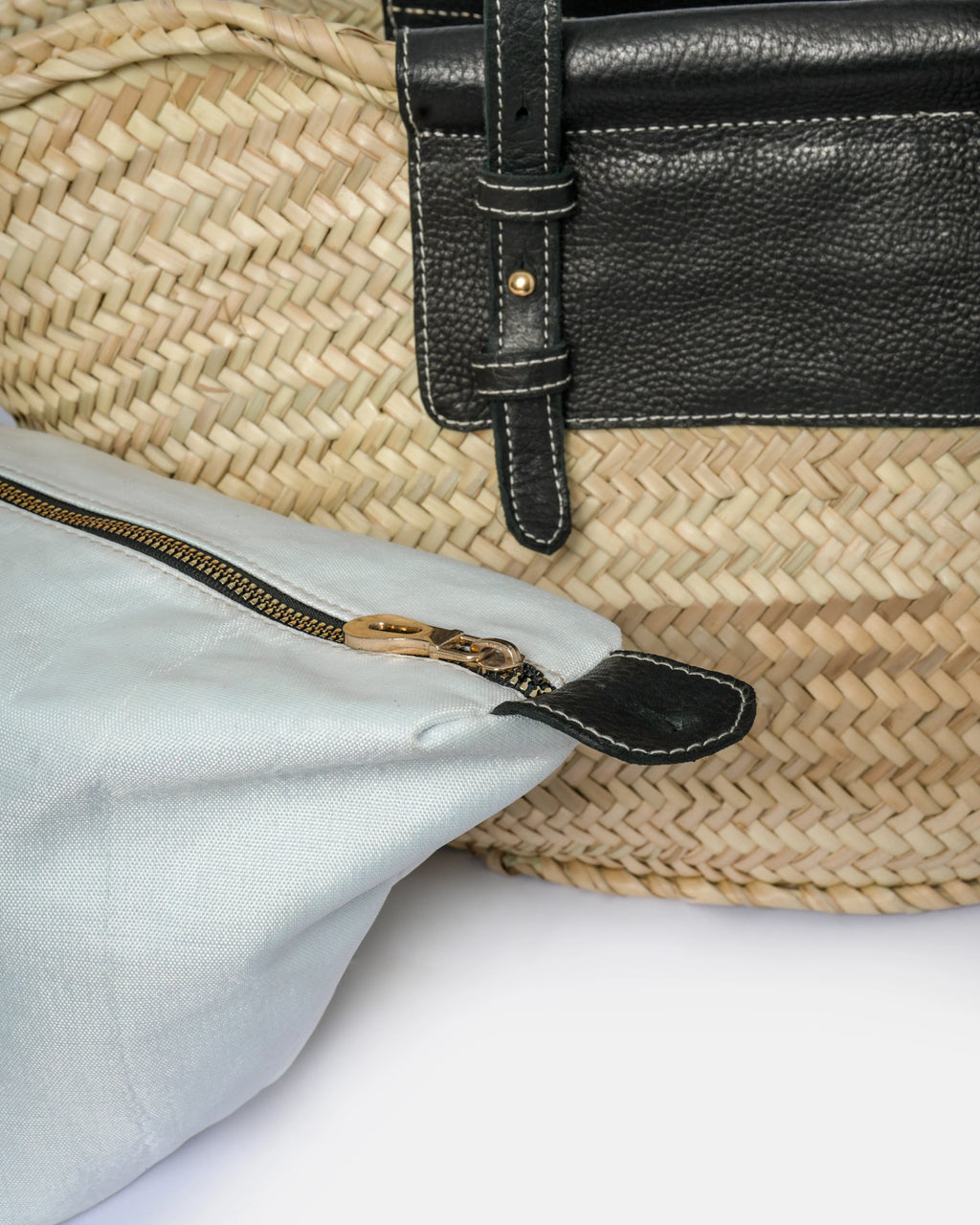 Straw Tote Bag with Black Leather Handles