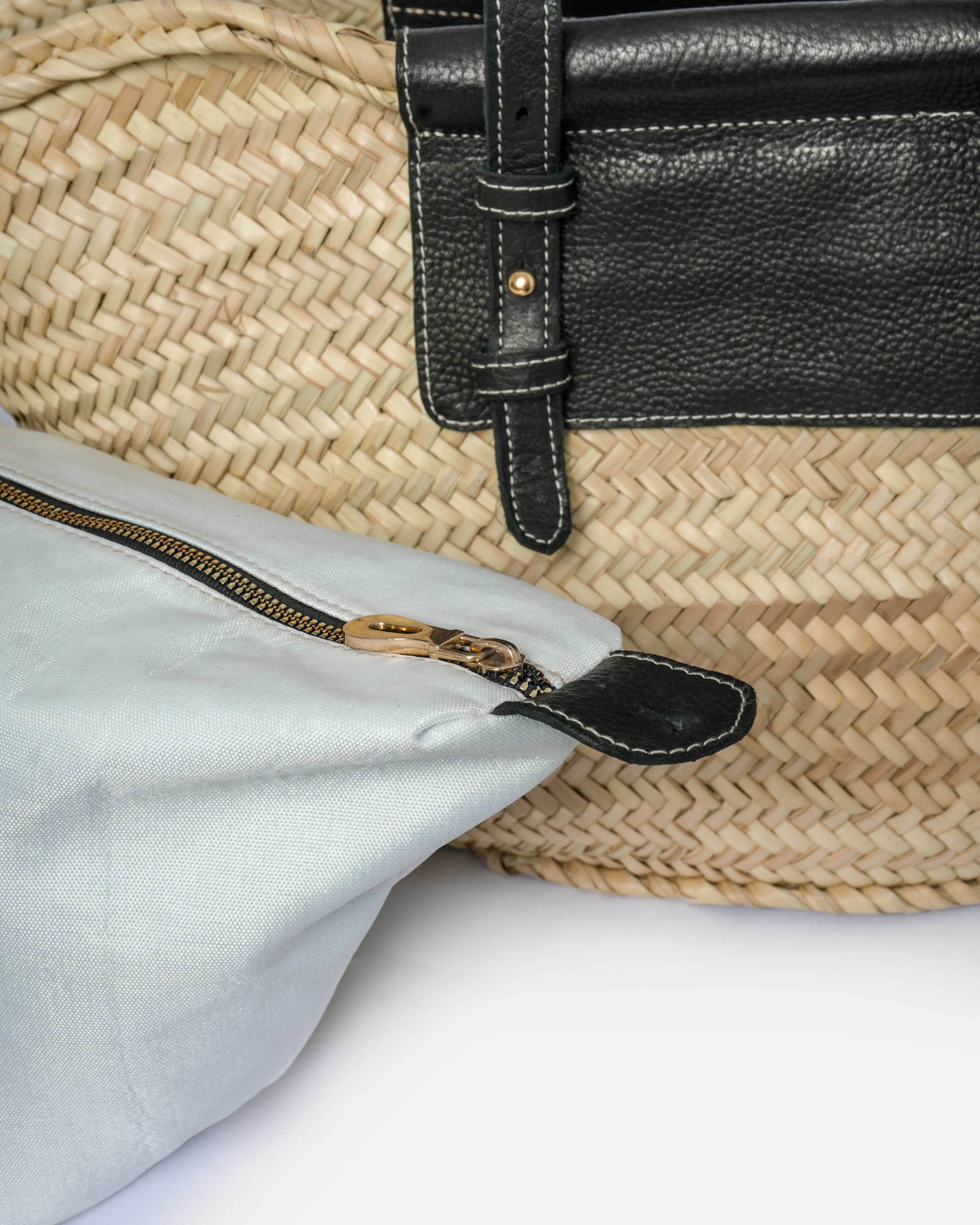 Straw Tote Bag with Black Leather Handles
