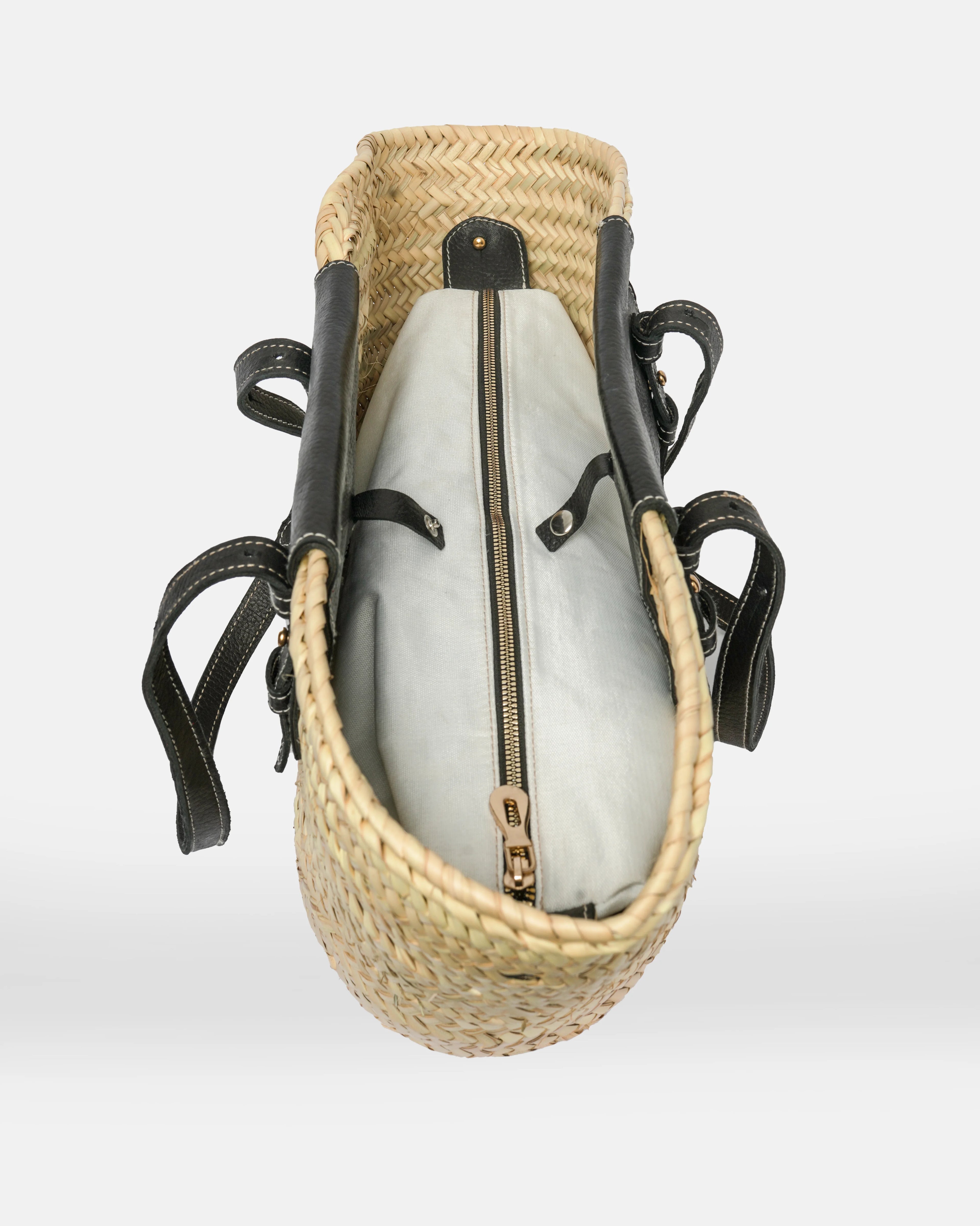 Straw Tote Bag with Black Leather Handles