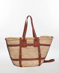 Hand-Woven Straw Tote Bag with Brown Leather