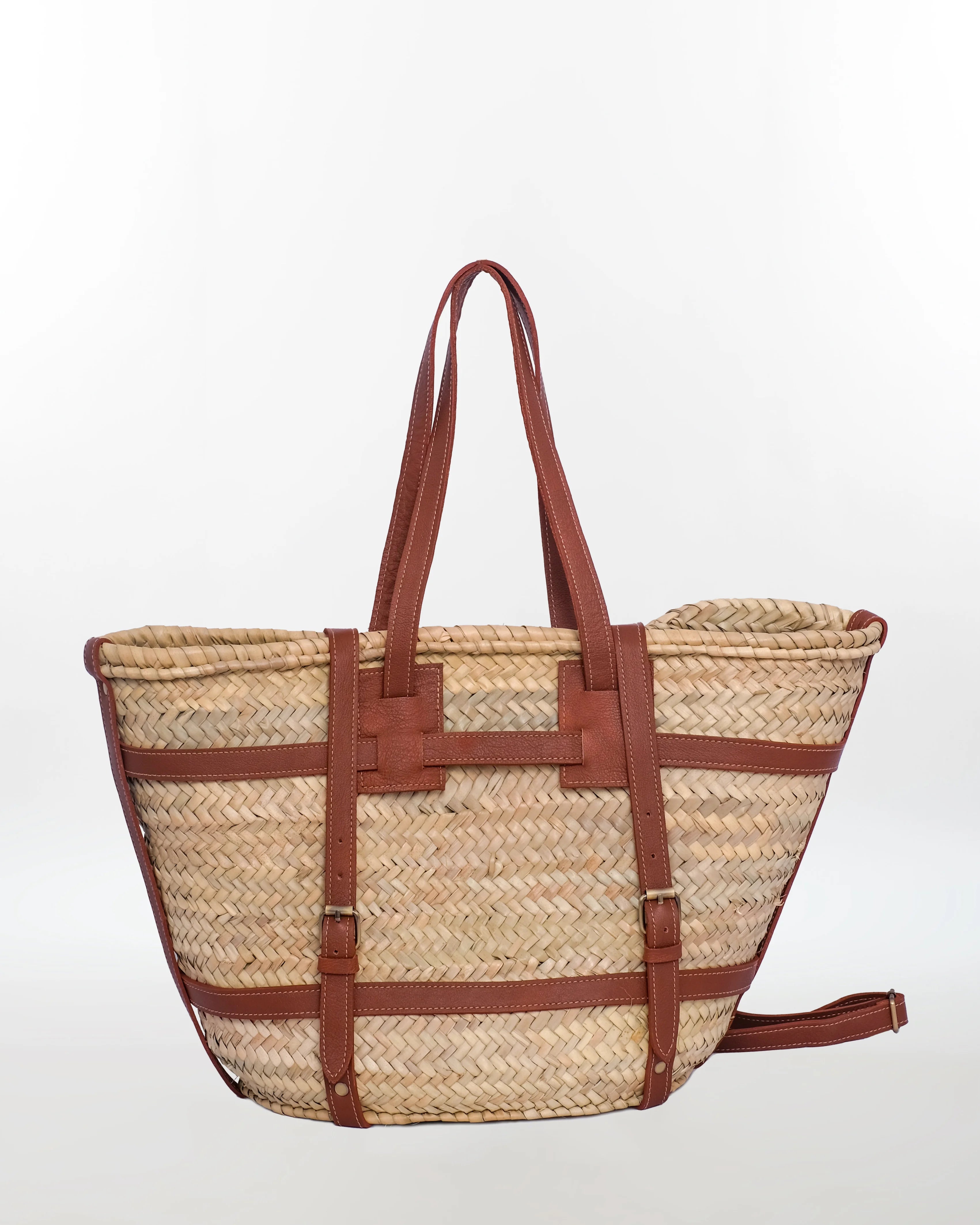 Hnad-Woven Straw Tote Bag with Brown Leather