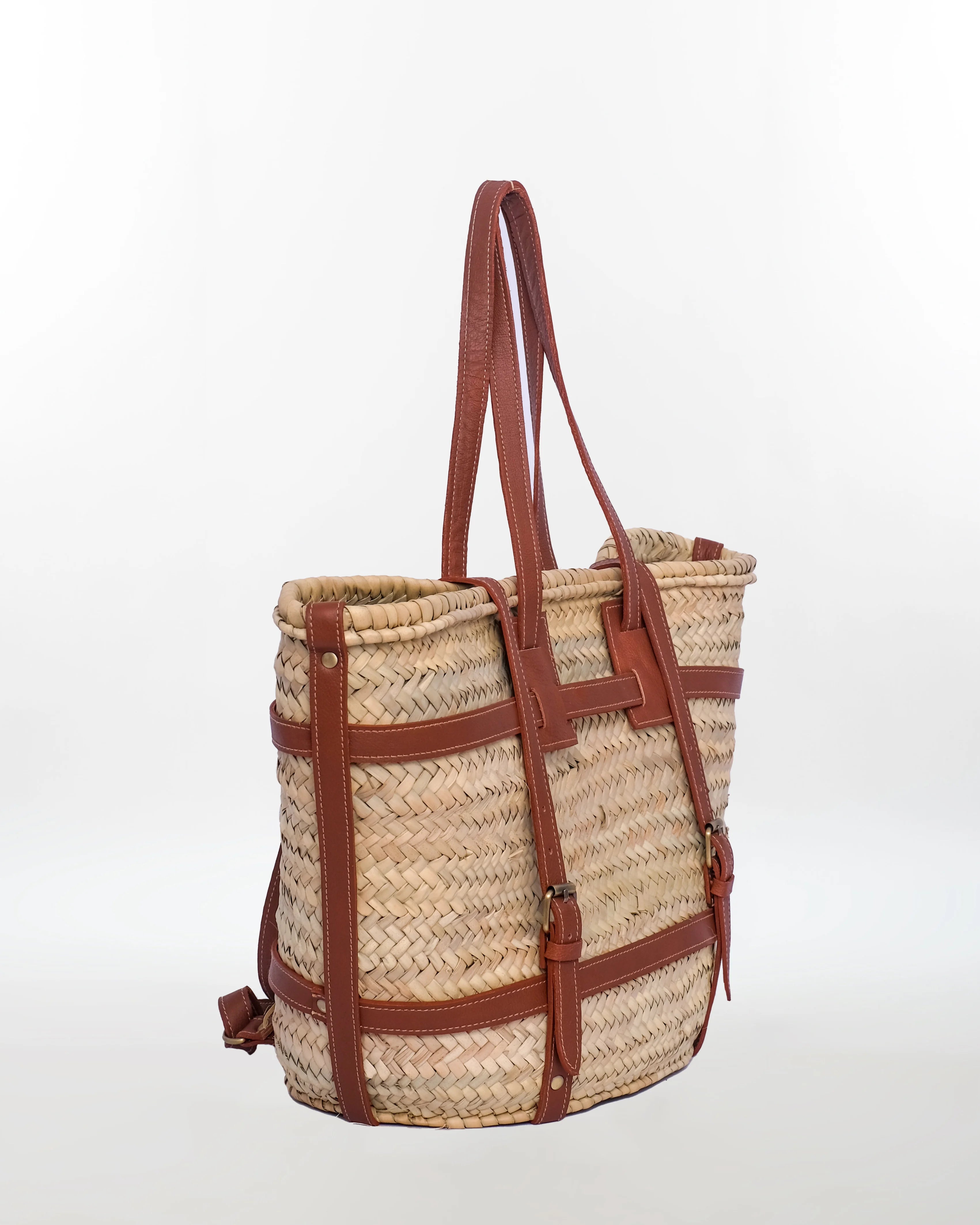 Hnad-Woven Straw Tote Bag with Brown Leather
